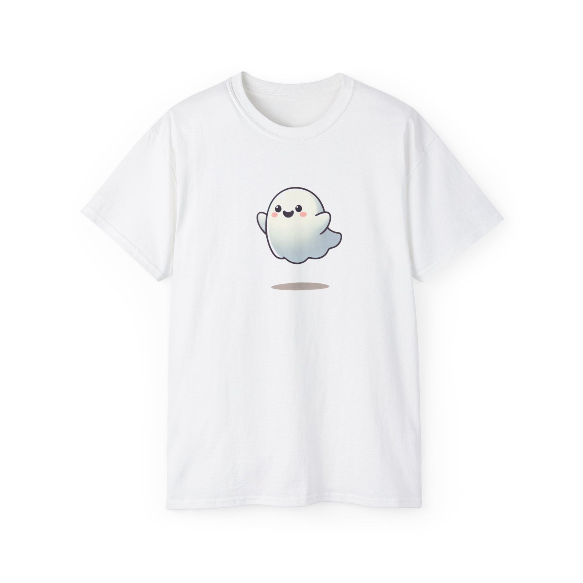 White t-shirt with a cute ghost design on a white background