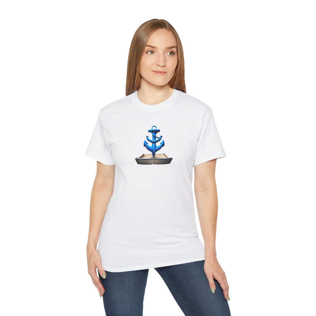 A woman wearing a white crew neck t-shirt with a printed anchor design.