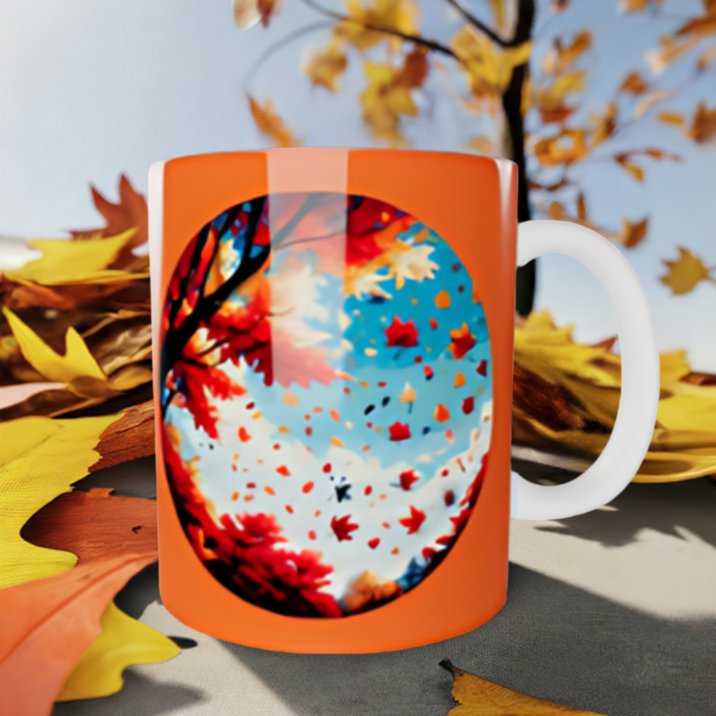 Autumn Bliss Mug is a white ceramic mug with a handle, featuring a vibrant autumn-themed design with falling leaves and a blue sky inside the circle. Piled up leaves background. 