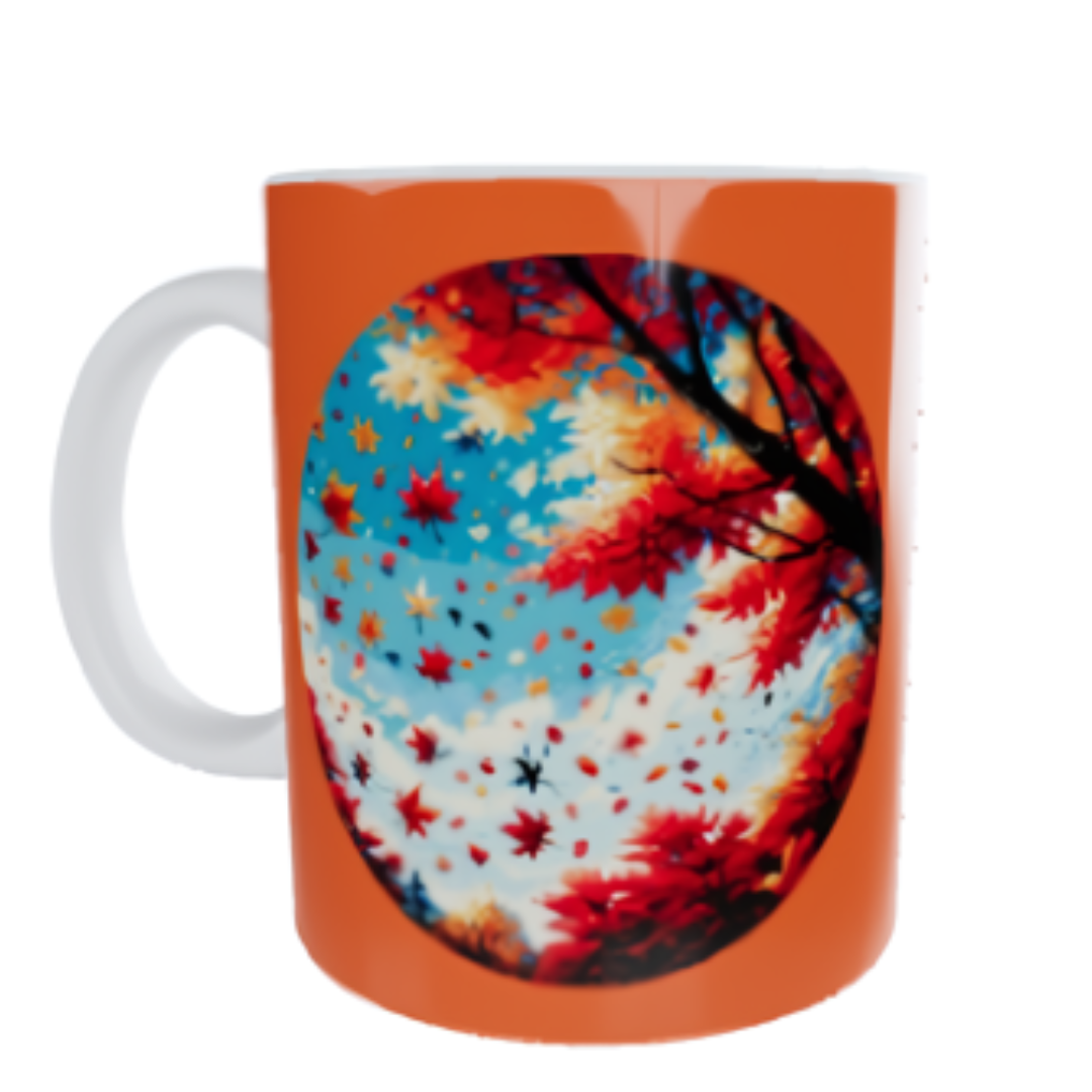 Autumn Bliss Mug is a white ceramic mug with a handle, featuring a vibrant autumn-themed design with falling leaves and a blue sky inside the circle. White background, left handle. 