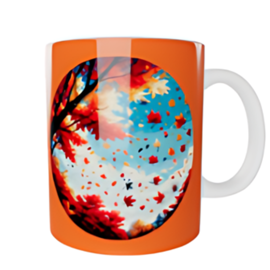 Autumn Bliss Mug is a white ceramic mug with a handle, featuring a vibrant autumn-themed design with falling leaves and a blue sky inside the circle. White background, right handle. 