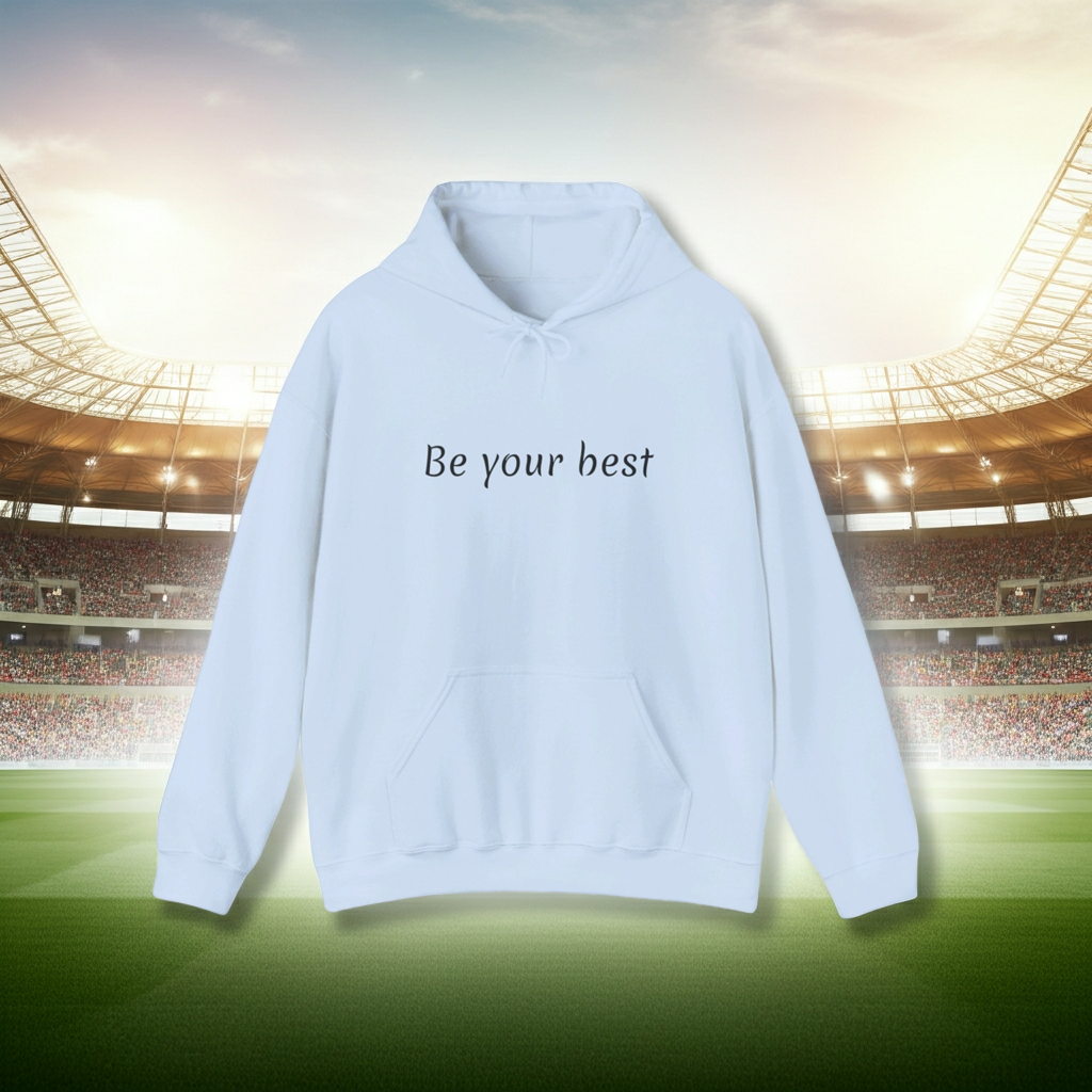 White hoodie with 'Be your best' text on a stadium background