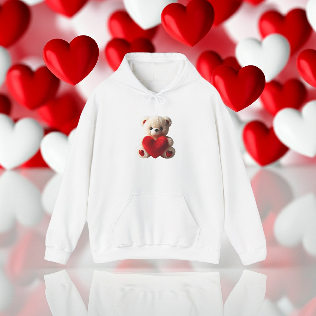 White hoodie with teddy bear holding a heart on a background of red and white hearts