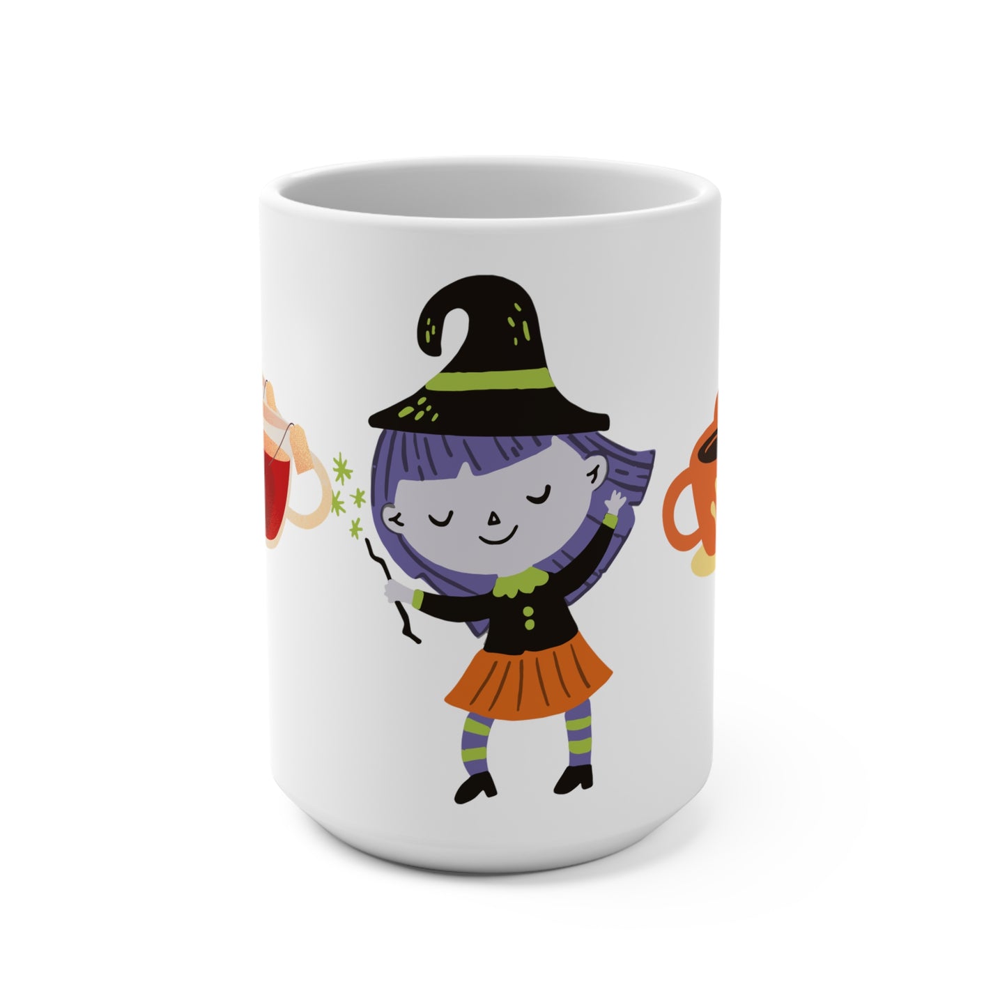 White mug with a colorful witch design on a white background