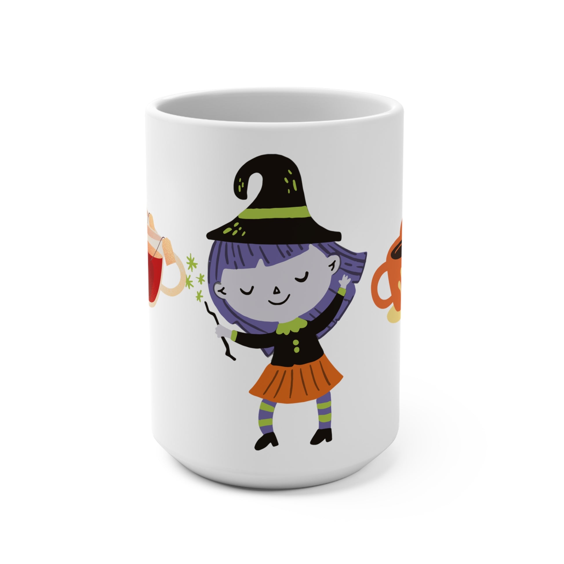 White mug with a colorful witch design on a white background