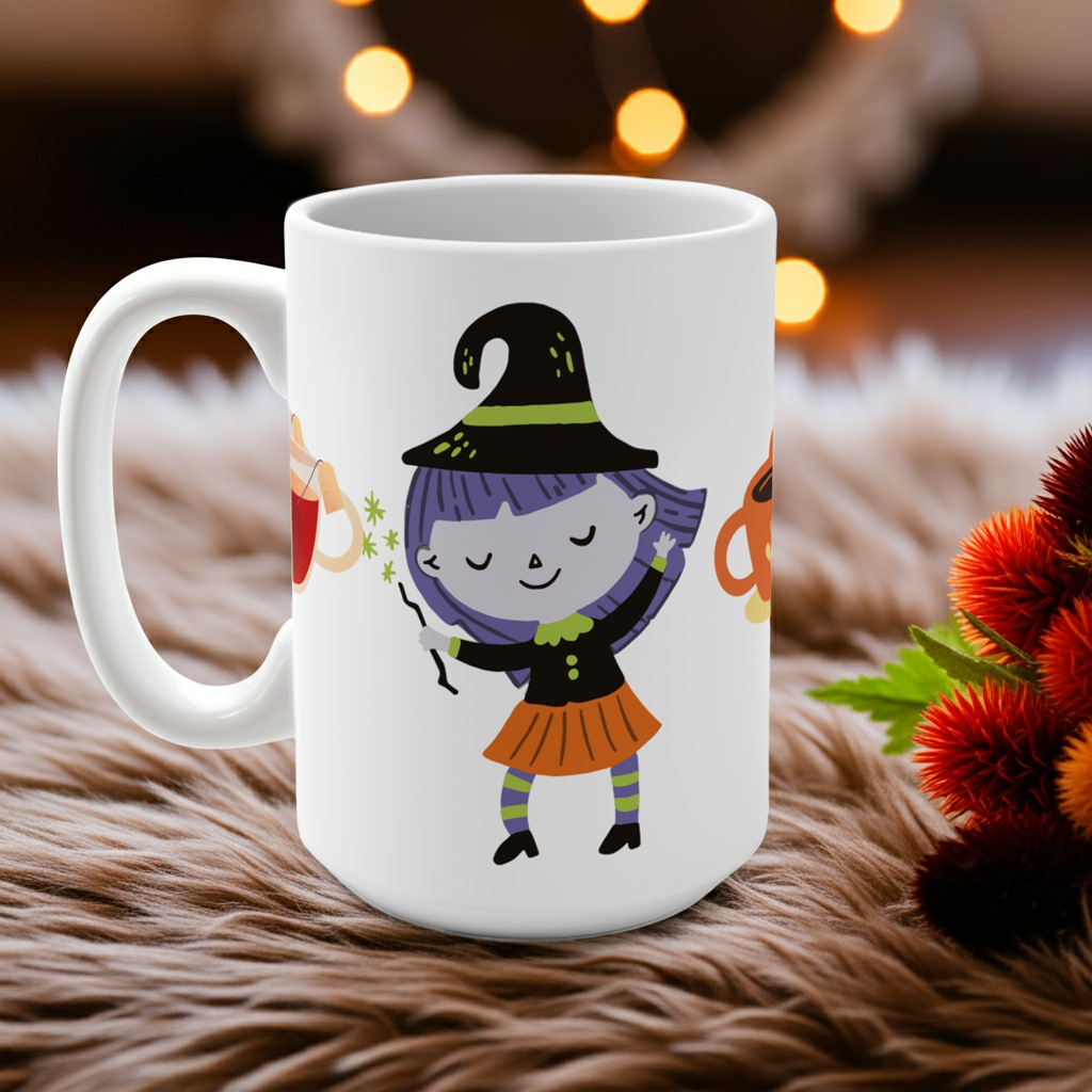 White mug with a cartoon witch design on a brown surface with blurred lights in the background