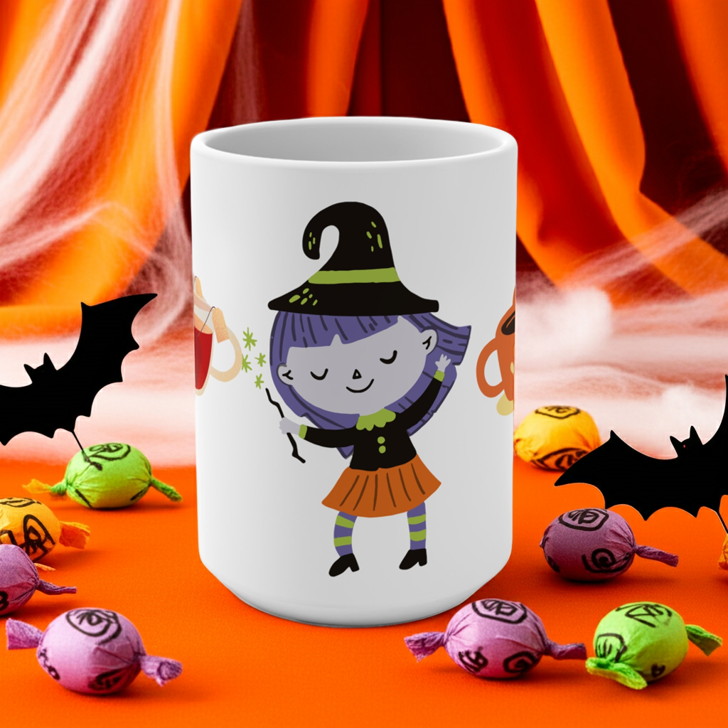 White mug with a Halloween-themed design of a witch on an orange background with candy and bats.