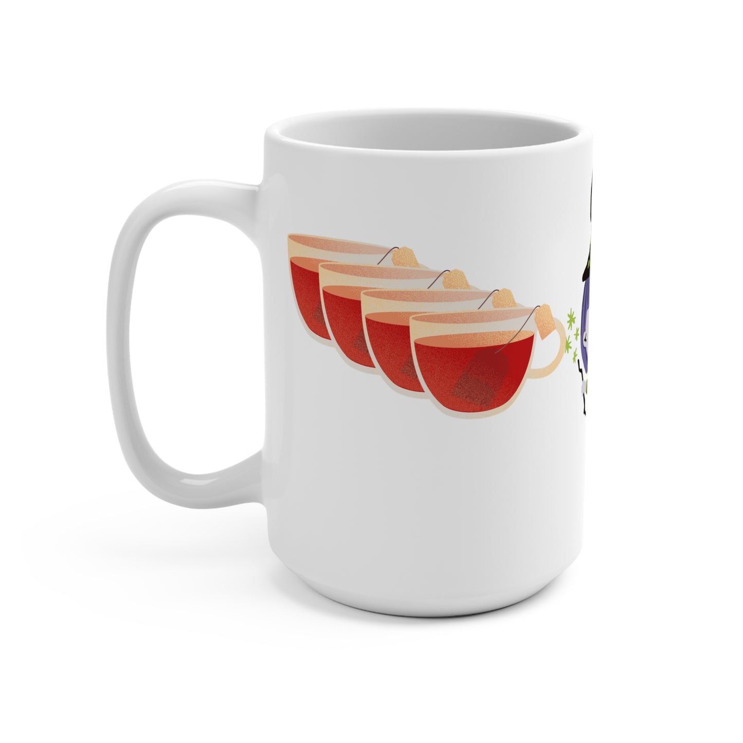 15oz White mug with red tea cups design on a white background