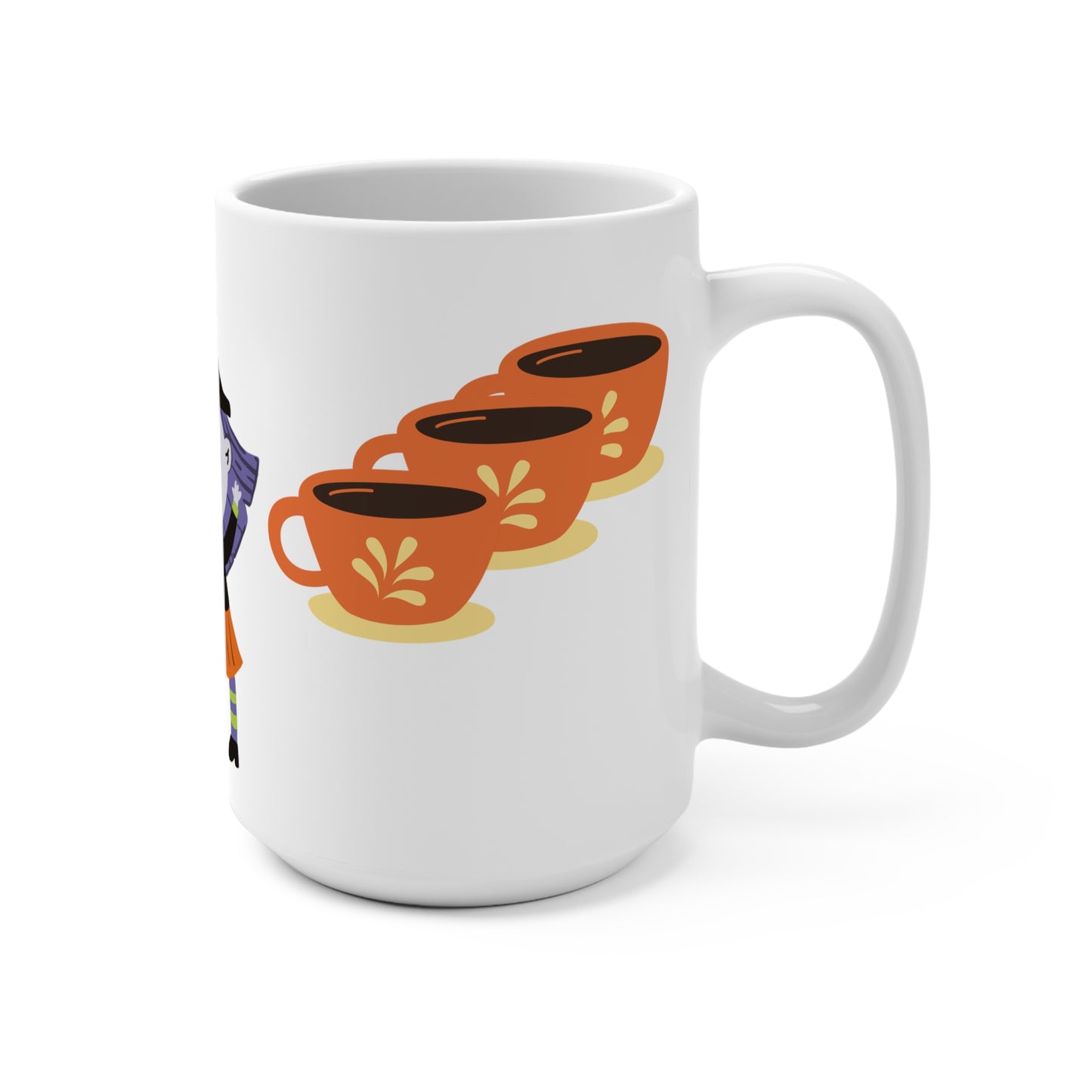 White mug with orange coffee cups design on a white background
