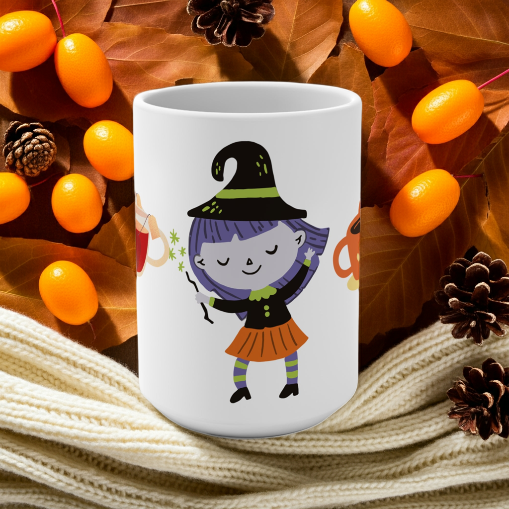 White mug with a cartoon witch design on a decorative background with oranges and pinecones.