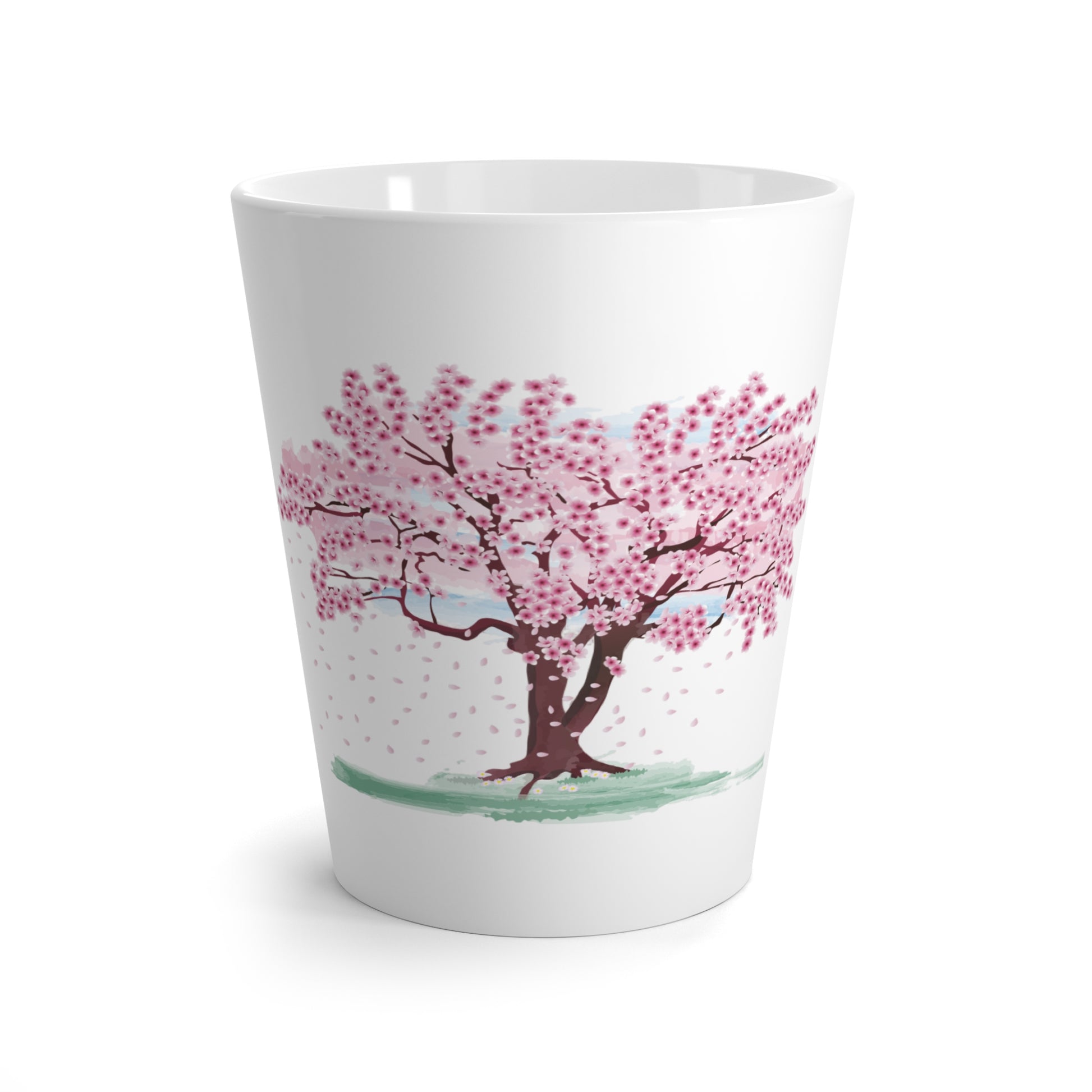 Blossom Breeze Latte Mug – spring pink floral ceramic cup on white background