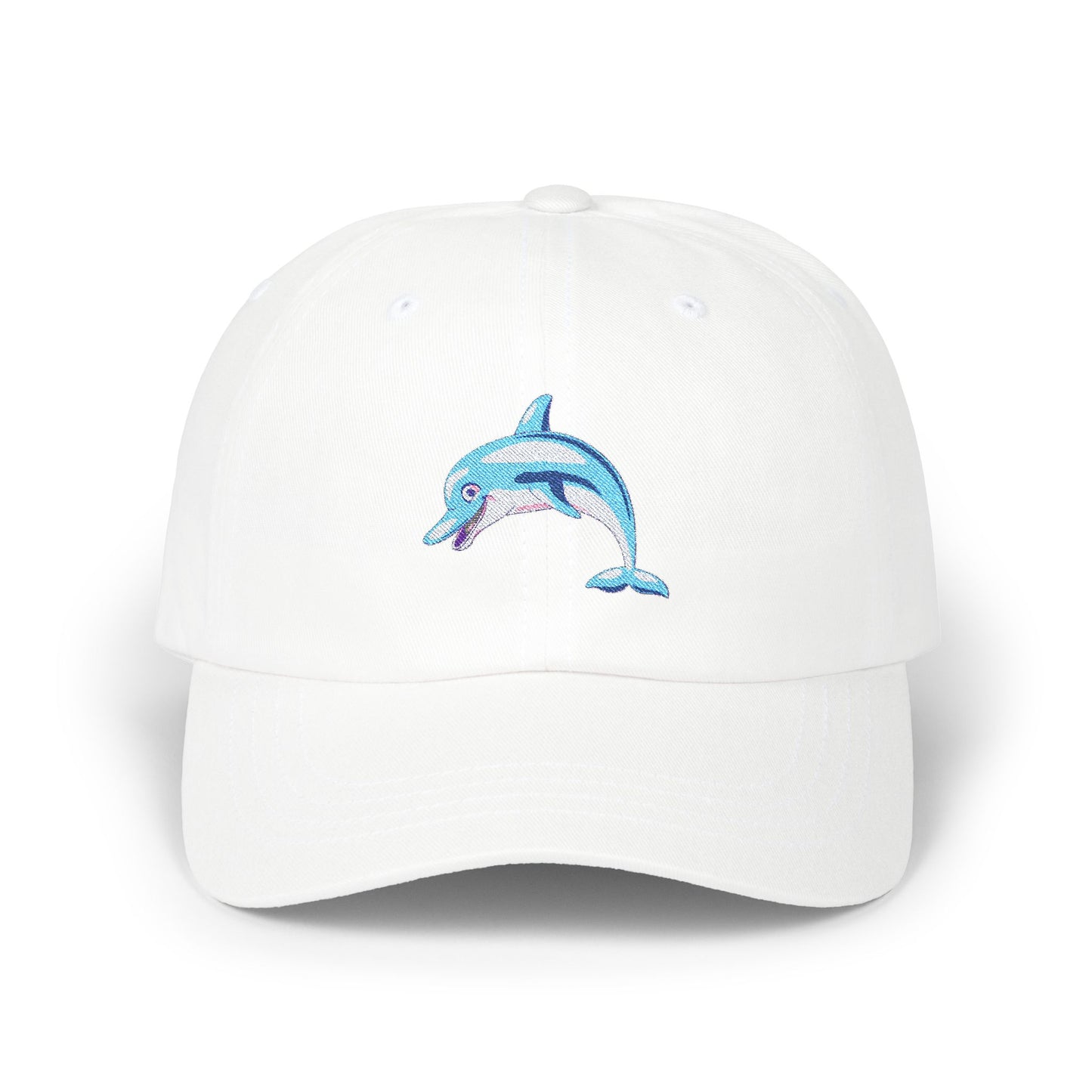 This is a white colored baseball cap with a blue dolphin on it. 