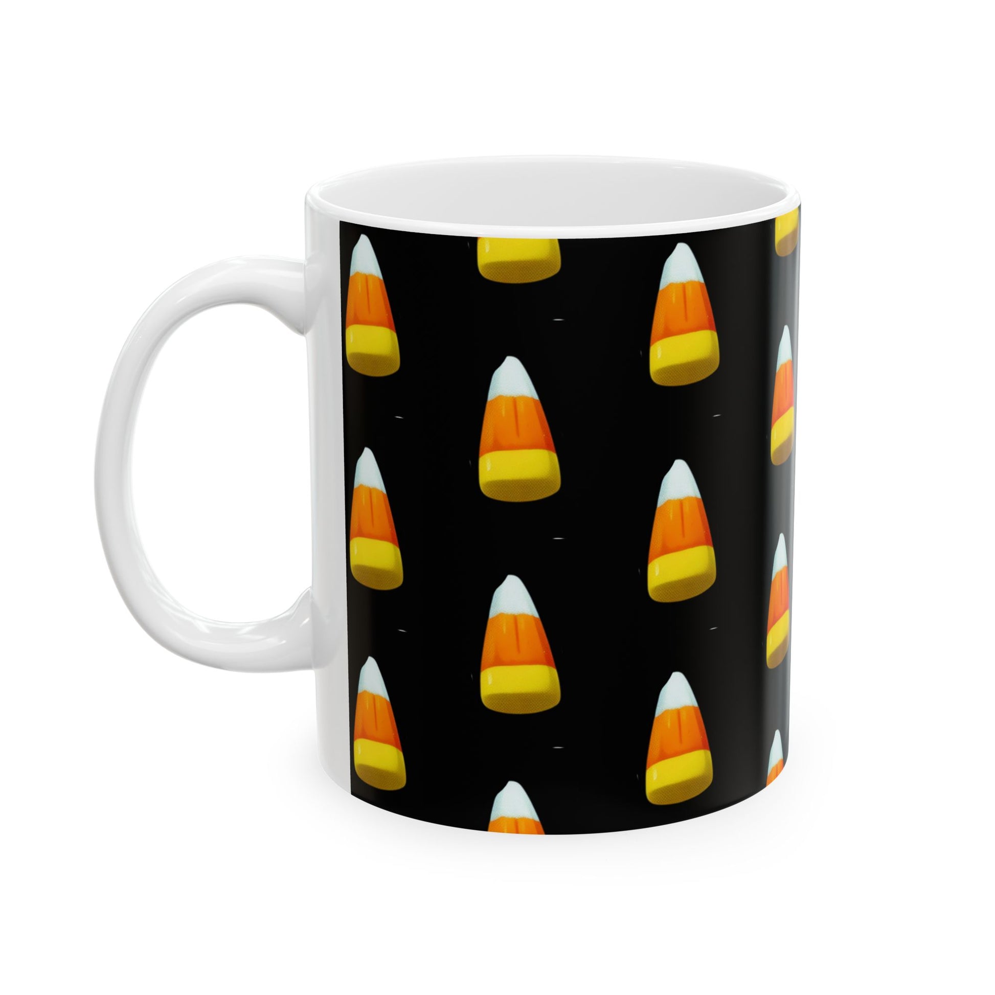 Candy Corn Delight Mug is a white ceramic mug with a white background. Left handle