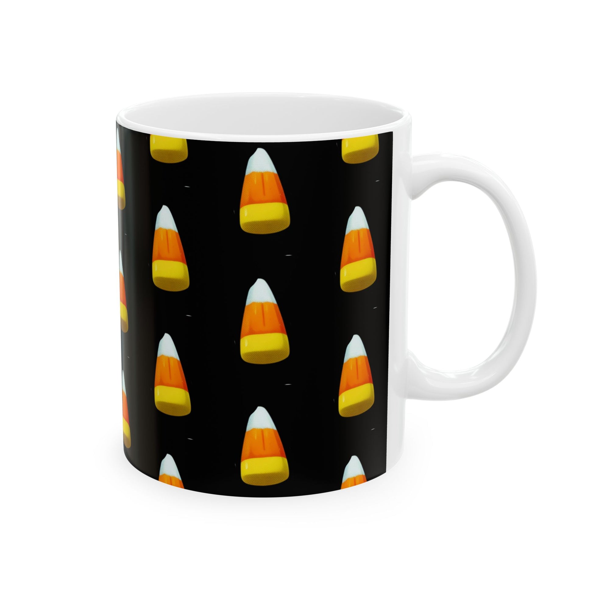 Candy Corn Delight Mug is a white ceramic mug with a white background. Right handle
