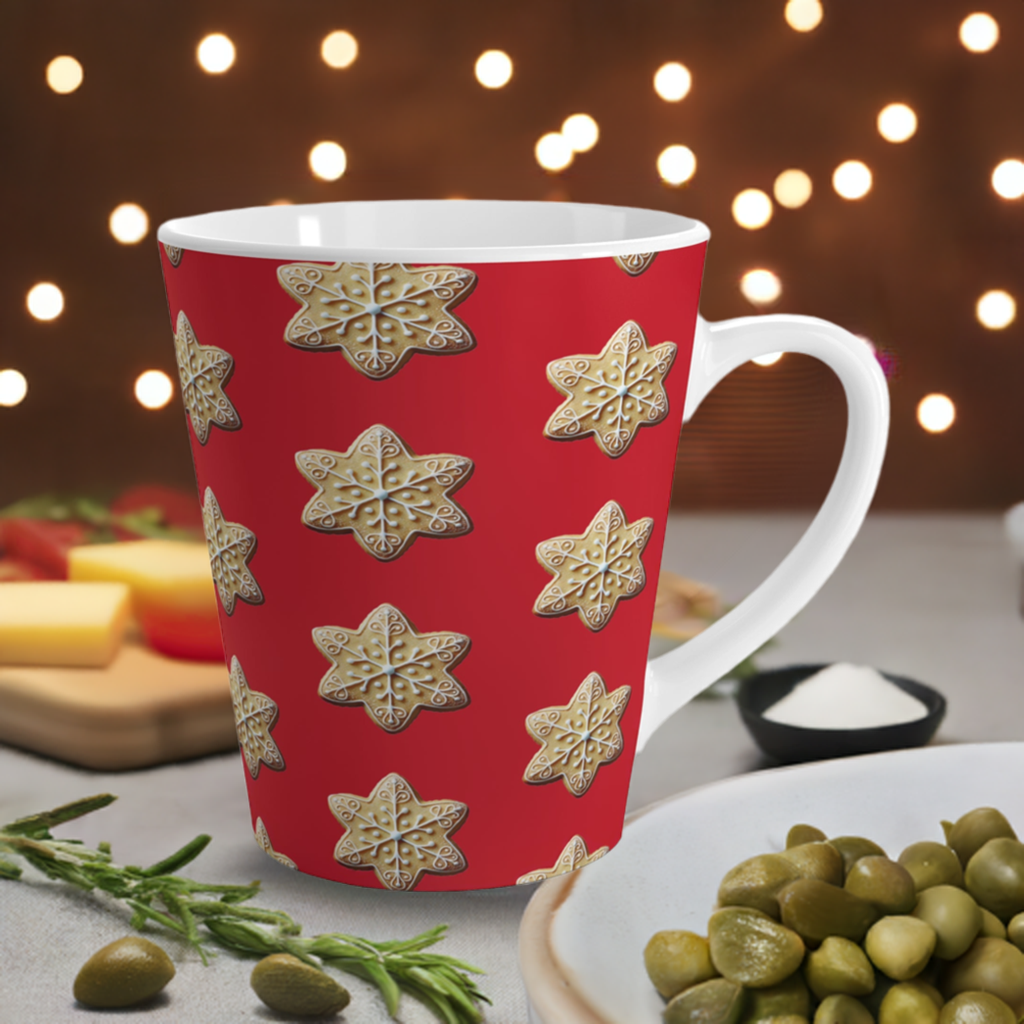 Christmas Cookie Latte Mug with some lights in the back