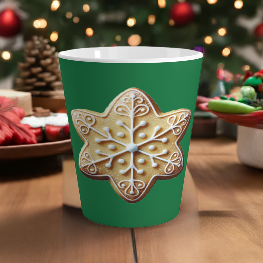 Christmas Star Delight Latte Mug holiday tree behind it