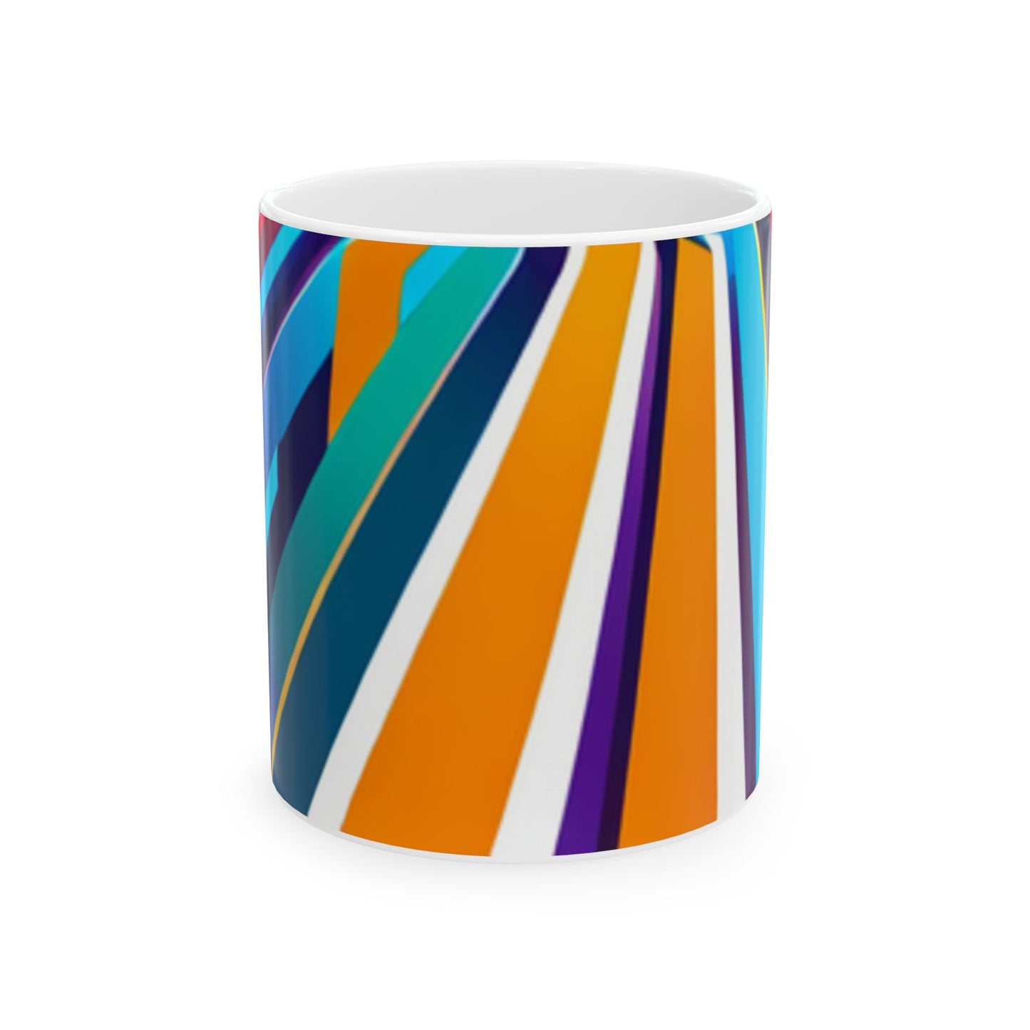 Colors of the Highway Ceramic Mug, (11oz) is a ceramic mug with a geometric pattern of horizontal stripes in multiple colors including blue, orange, and purple, displayed on a wooden surface with white background. Front view