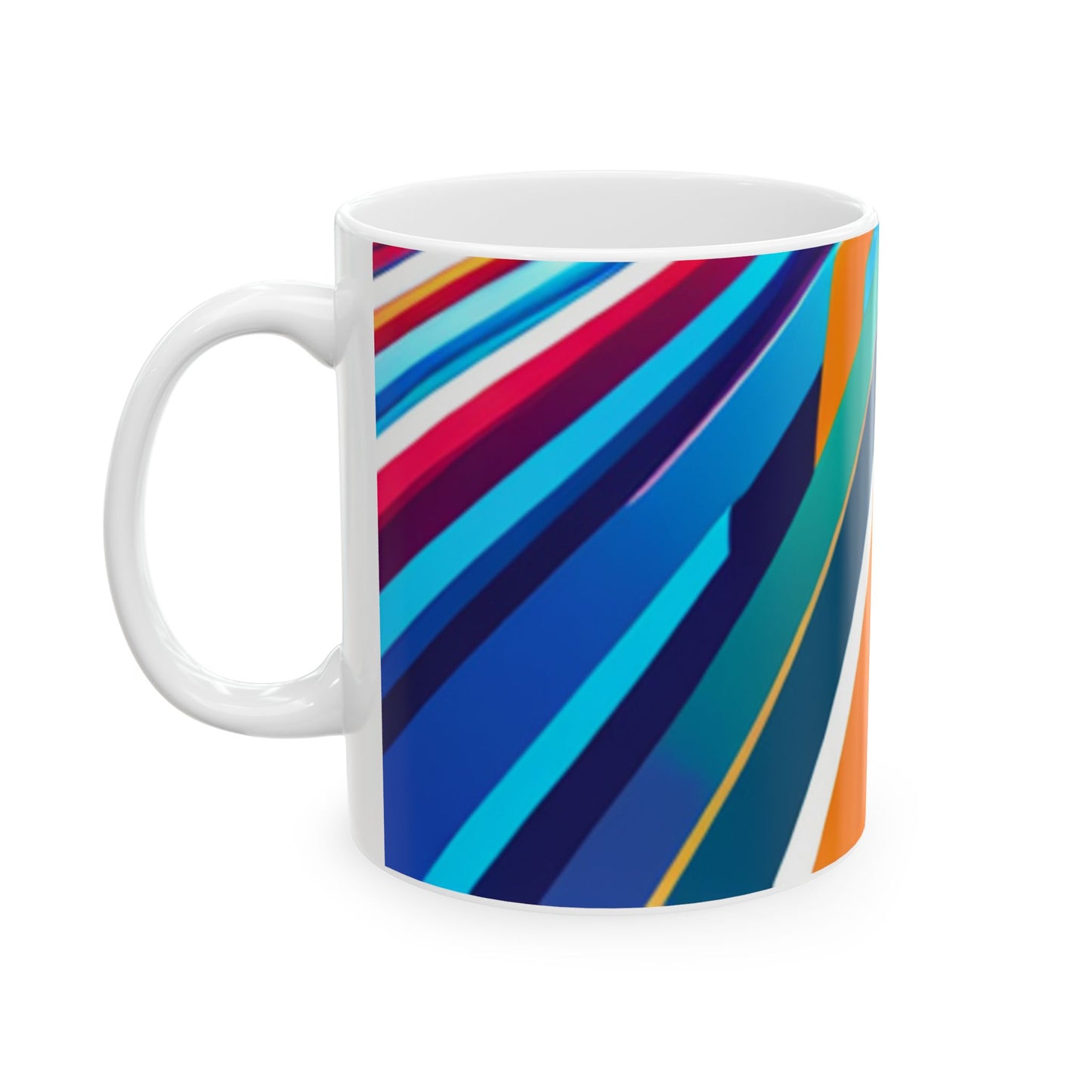 Colors of the Highway Ceramic Mug, (11oz) is a ceramic mug with a geometric pattern of horizontal stripes in multiple colors including blue, orange, and purple, displayed on a wooden surface with white background. Left handle