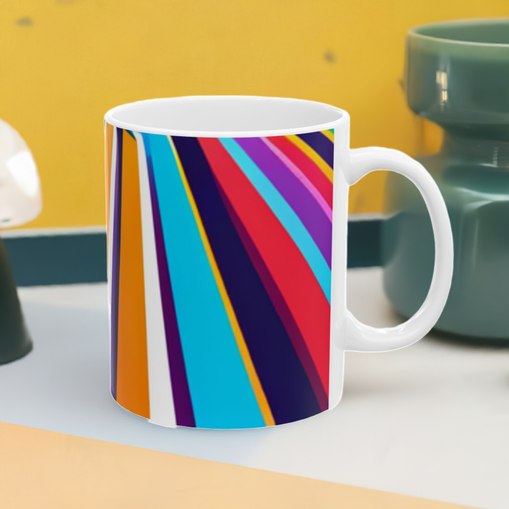 Colors of the Highway Ceramic Mug, (11oz, 15oz) is a ceramic mug with a geometric pattern of horizontal stripes in multiple colors including blue, orange, and purple, displayed on a wooden surface with art studio setting in the background.