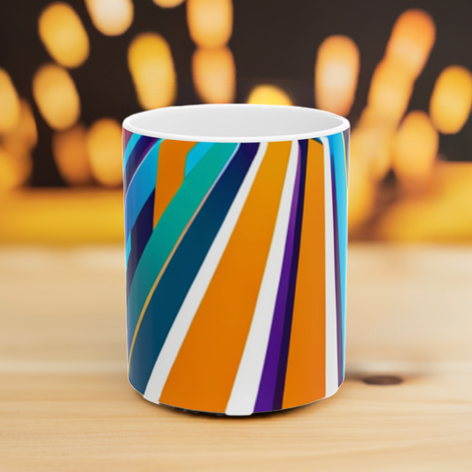 Colors of the Highway Ceramic Mug, (11oz, 15oz) is a ceramic mug with a geometric pattern of horizontal stripes in multiple colors including blue, orange, and purple, displayed on a wooden surface with blurred lights in the background.