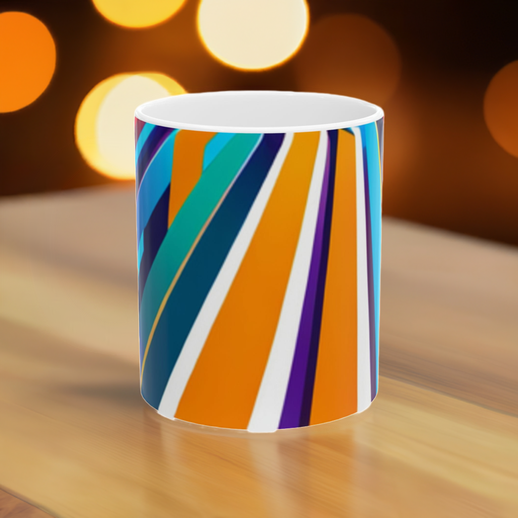 Colors of the Highway Ceramic Mug, (11oz, 15oz) is a ceramic mug with a geometric pattern of horizontal stripes in multiple colors including blue, orange, and purple, displayed on a wooden surface with circled lights in the background.