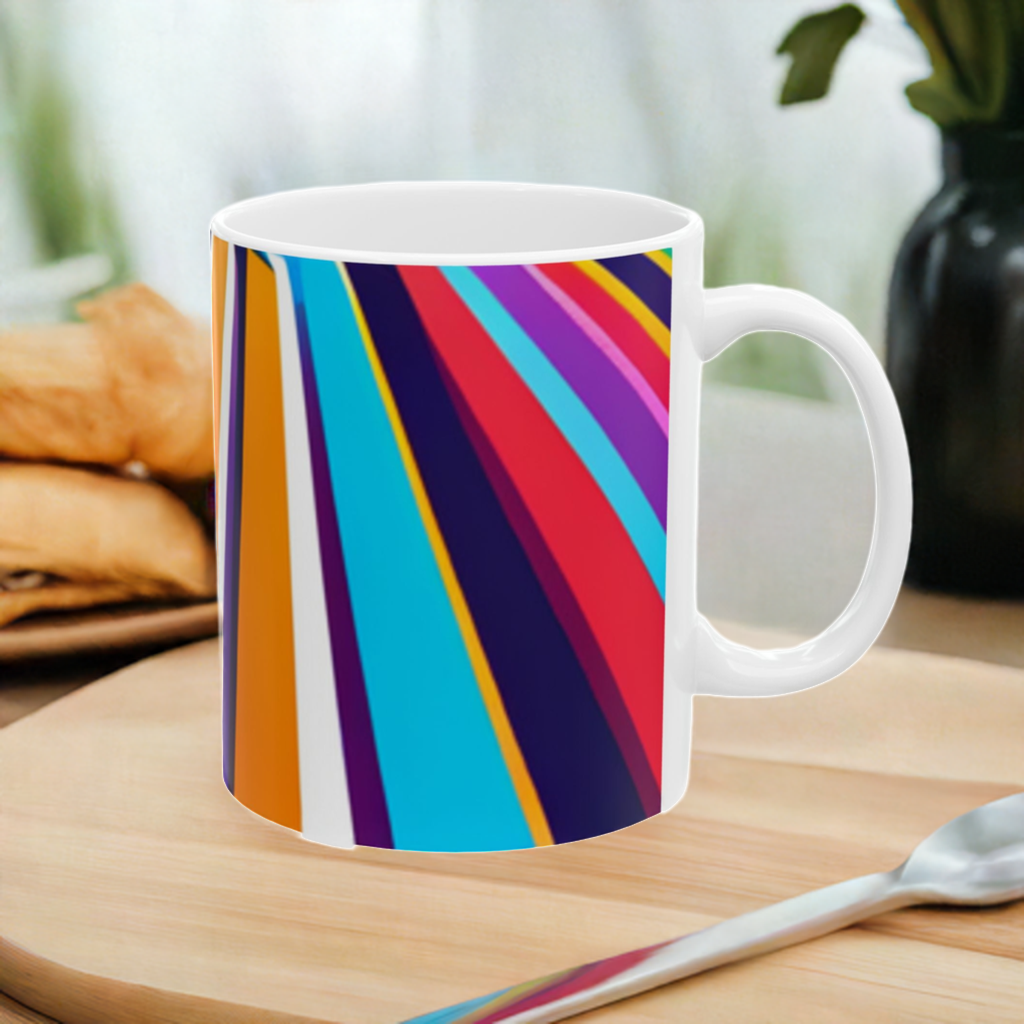Colors of the Highway Ceramic Mug, (11oz, 15oz) is a ceramic mug with a geometric pattern of horizontal stripes in multiple colors including blue, orange, and purple, displayed on a wooden surface with kitchen in the background.