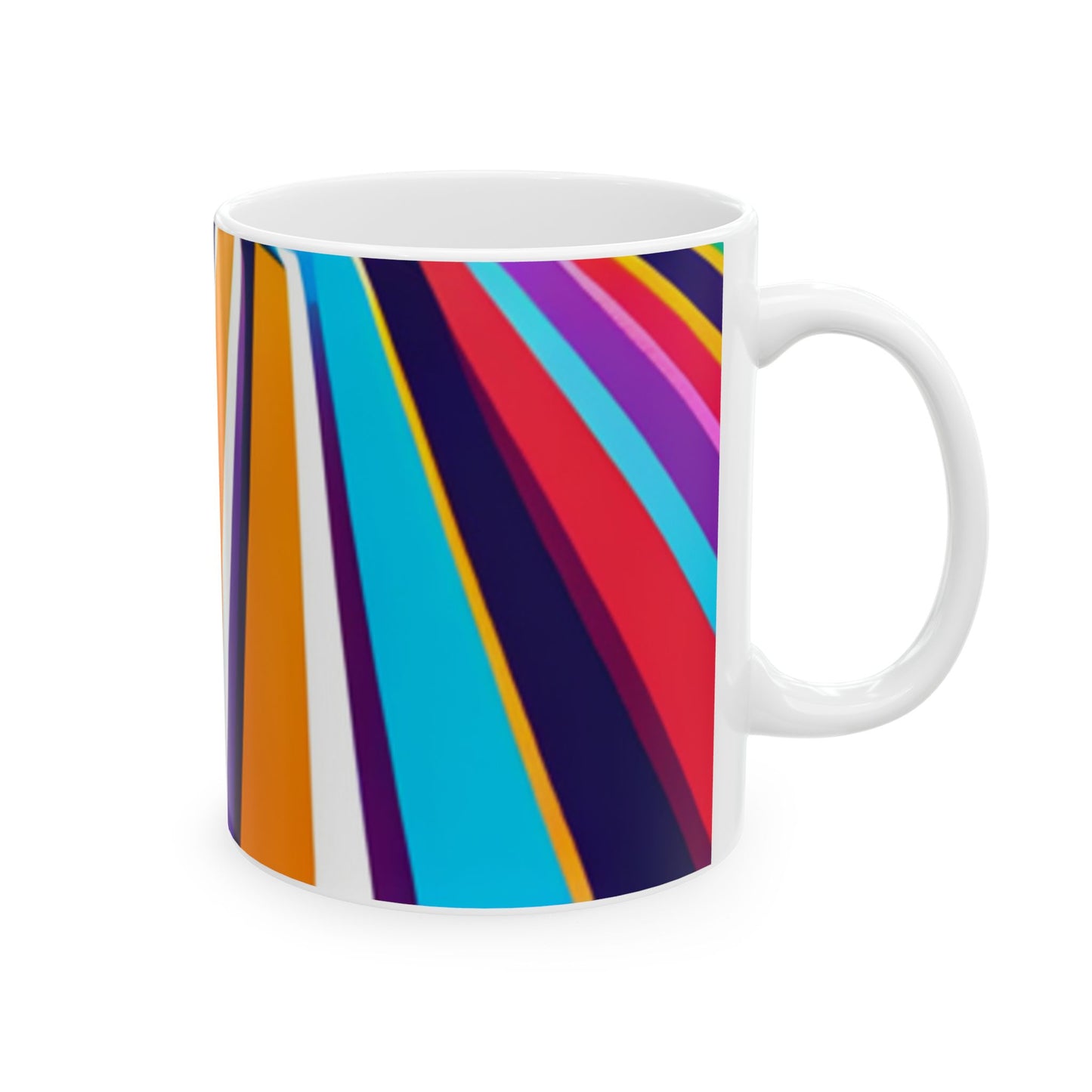 Colors of the Highway Ceramic Mug, (11oz, 15oz) is a ceramic mug with a geometric pattern of horizontal stripes in multiple colors including blue, orange, and purple, displayed on a wooden surface with white background. Right handle