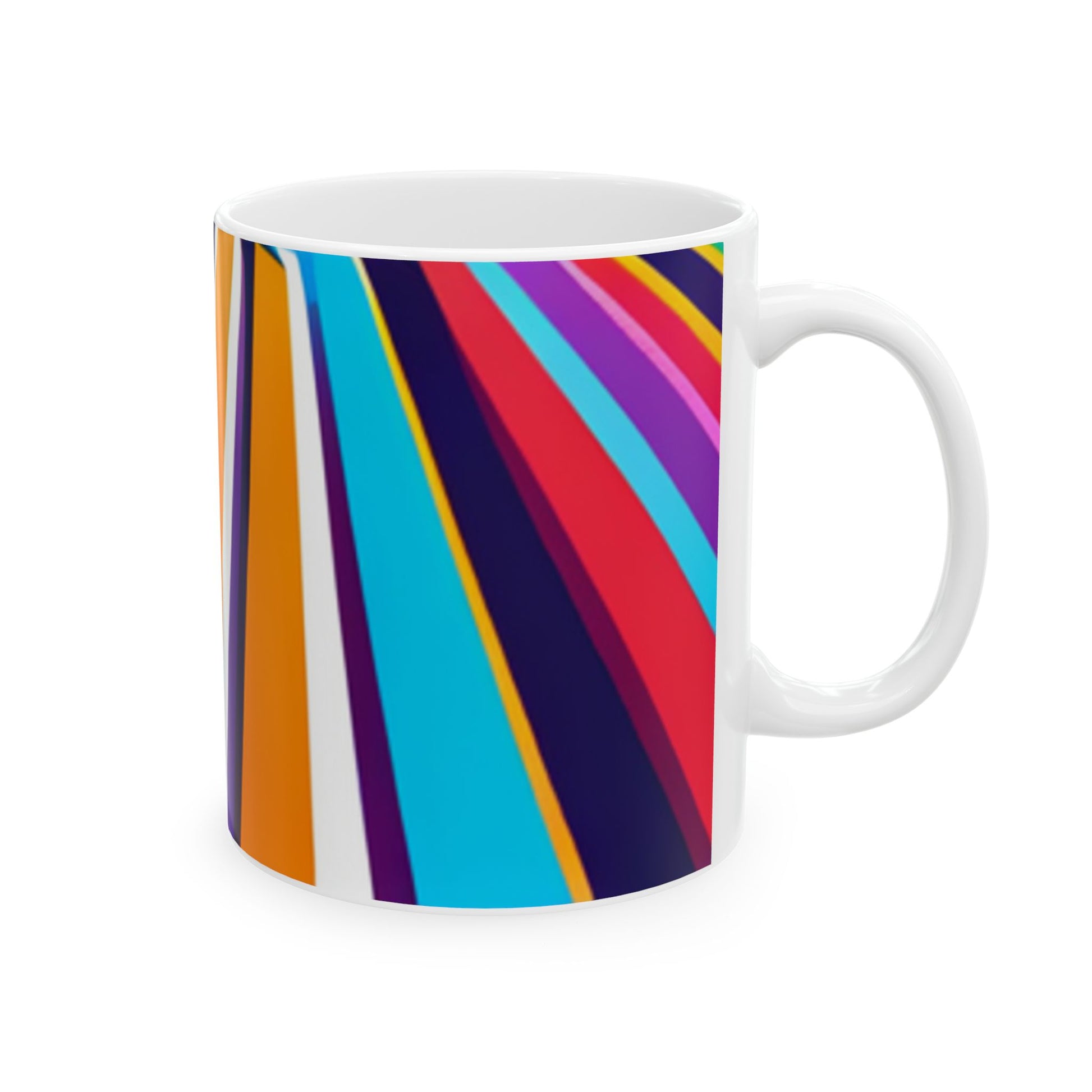 Colors of the Highway Ceramic Mug, (11oz, 15oz) is a ceramic mug with a geometric pattern of horizontal stripes in multiple colors including blue, orange, and purple, displayed on a wooden surface with white background. Right handle