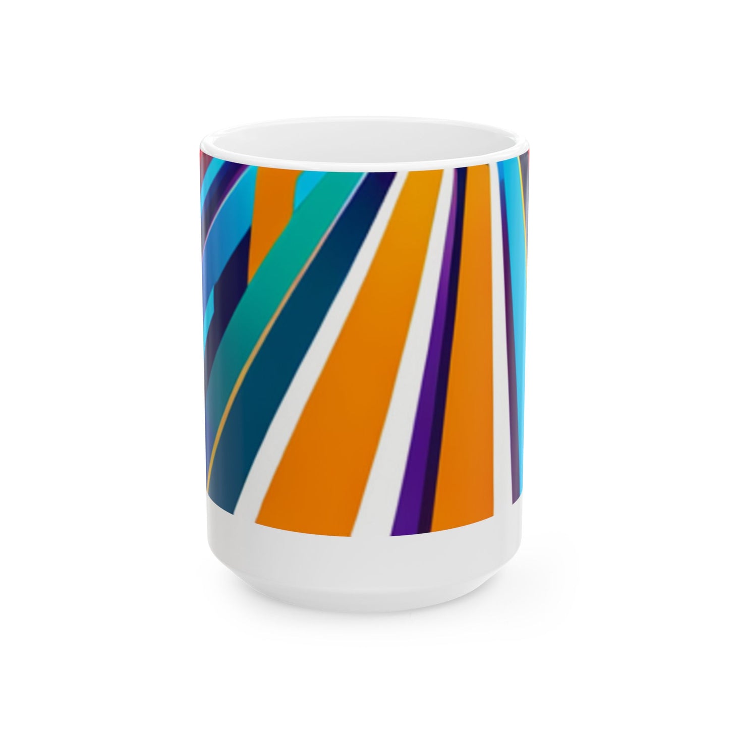 Colors of the Highway Ceramic Mug, (15oz) is a ceramic mug with a geometric pattern of horizontal stripes in multiple colors including blue, orange, and purple, displayed on a wooden surface with white background. Front view