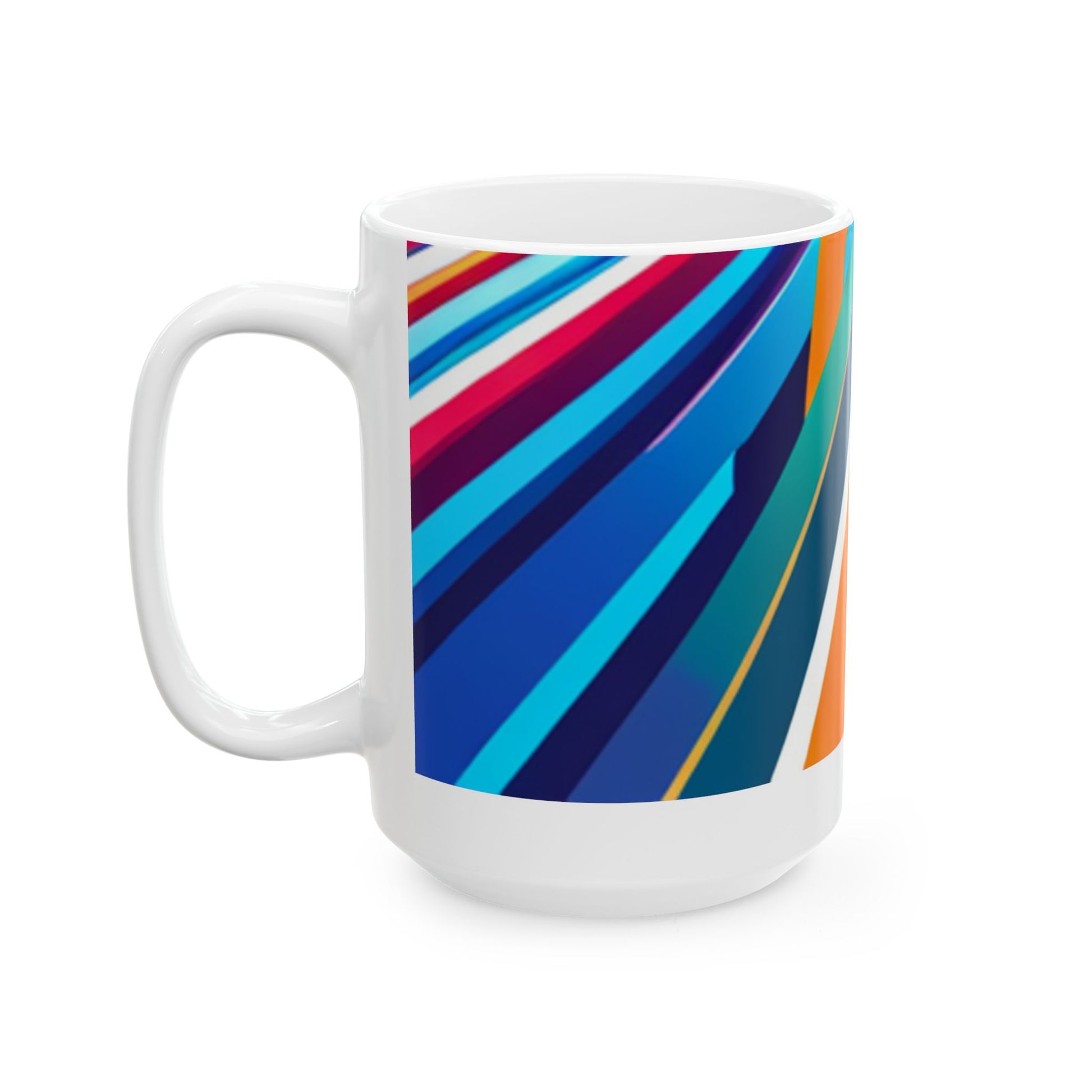 Colors of the Highway Ceramic Mug, (15oz) is a ceramic mug with a geometric pattern of horizontal stripes in multiple colors including blue, orange, and purple, displayed on a wooden surface with white background. Front view