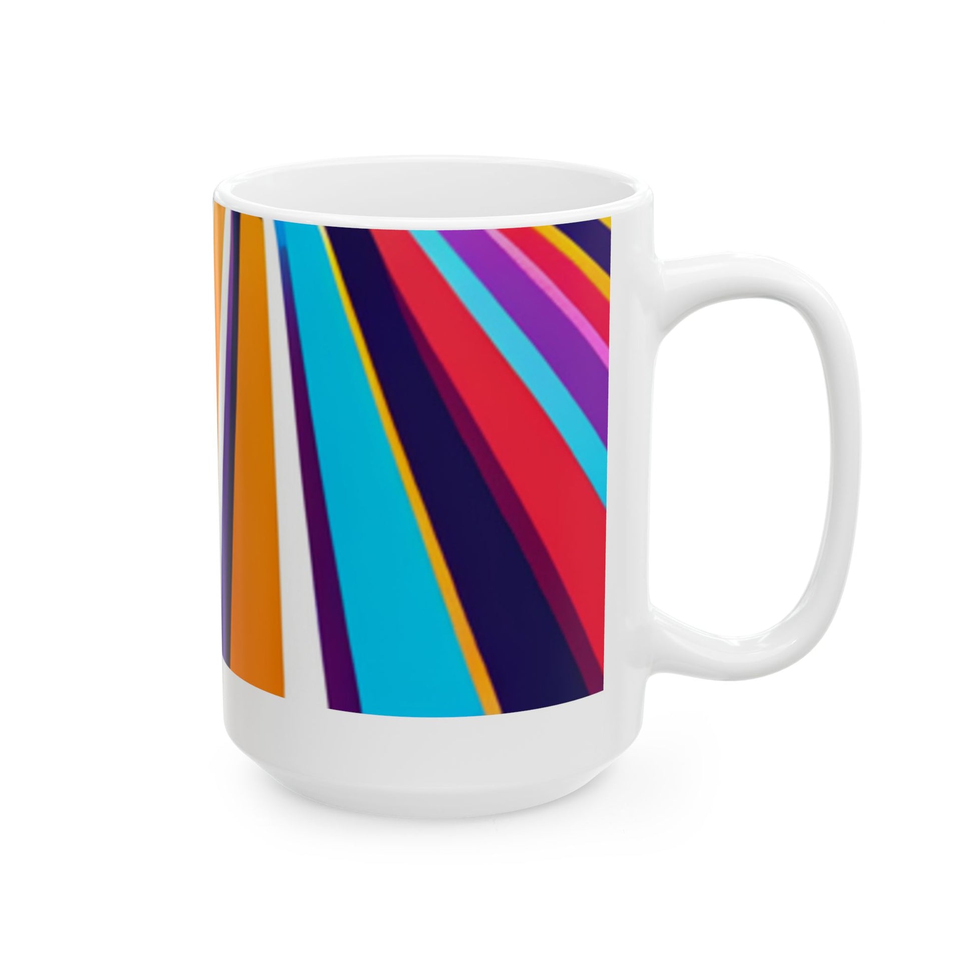 Colors of the Highway Ceramic Mug, (15oz) is a ceramic mug with a geometric pattern of horizontal stripes in multiple colors including blue, orange, and purple, displayed on a wooden surface with white background. Right handle