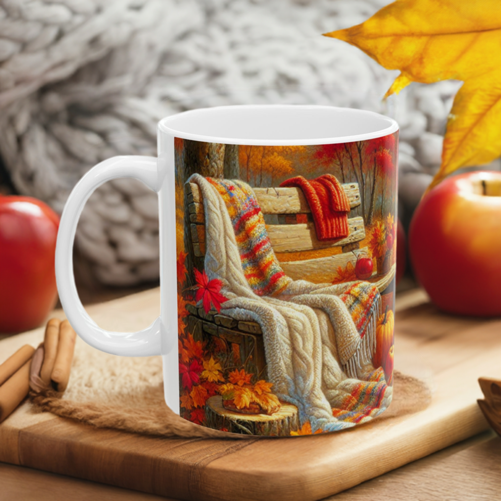 A white ceramic mug with a colorful harvest-themed design featuring a cozy bench, blankets, apples, and a mug of tea placed on a wood cutting board. 