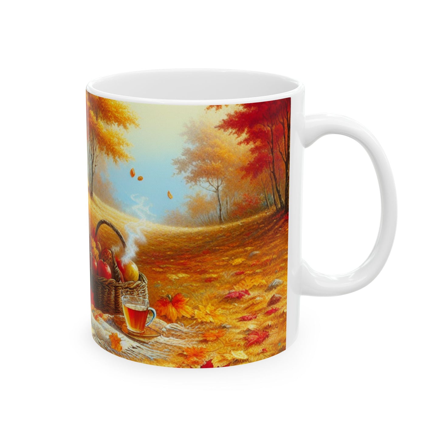 A white ceramic mug with a colorful harvest-themed design featuring a cozy bench, blankets, apples, and a mug of tea. Right handle