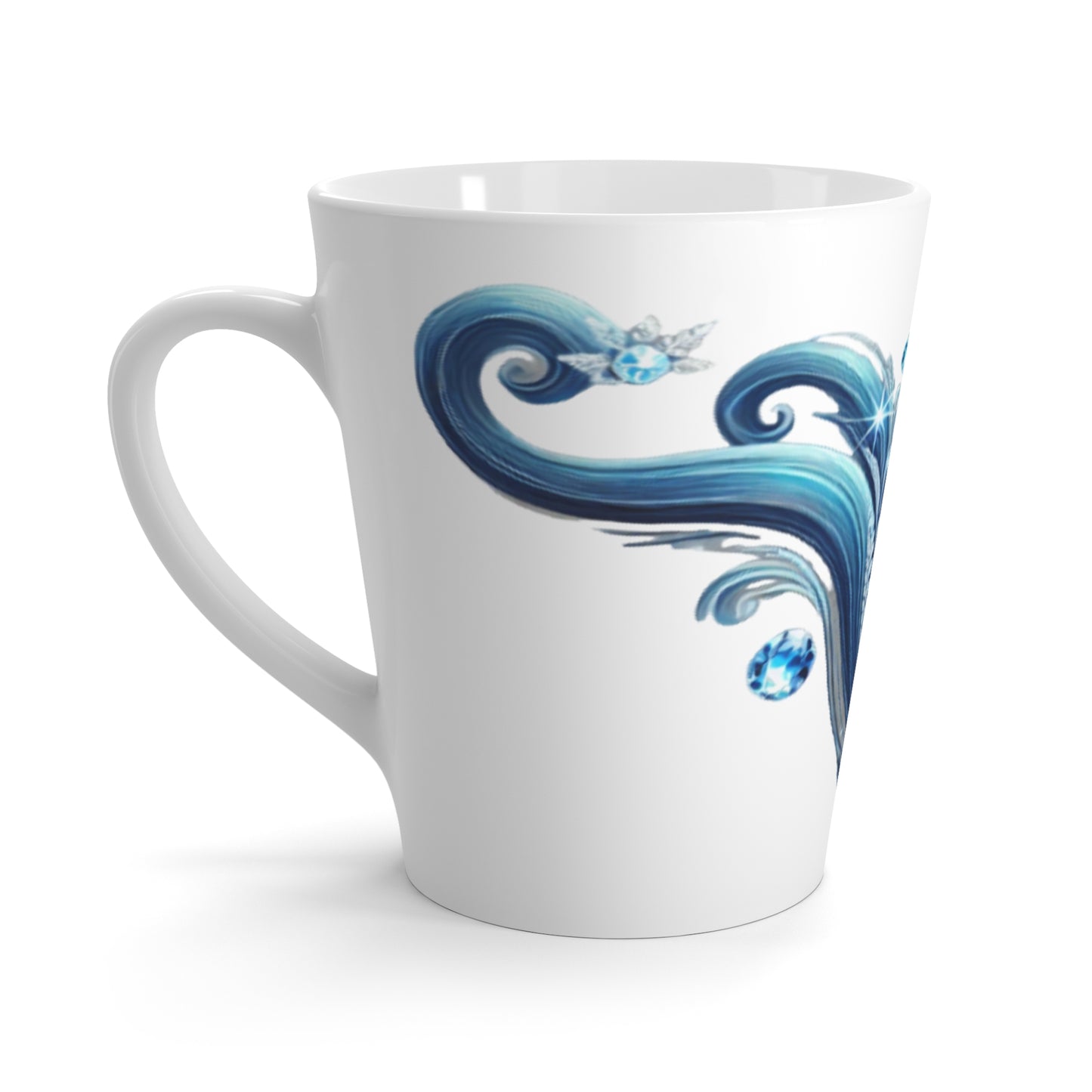 Crystal Wave Latte Mug – close-up of ocean wave design on white ceramic - left handle