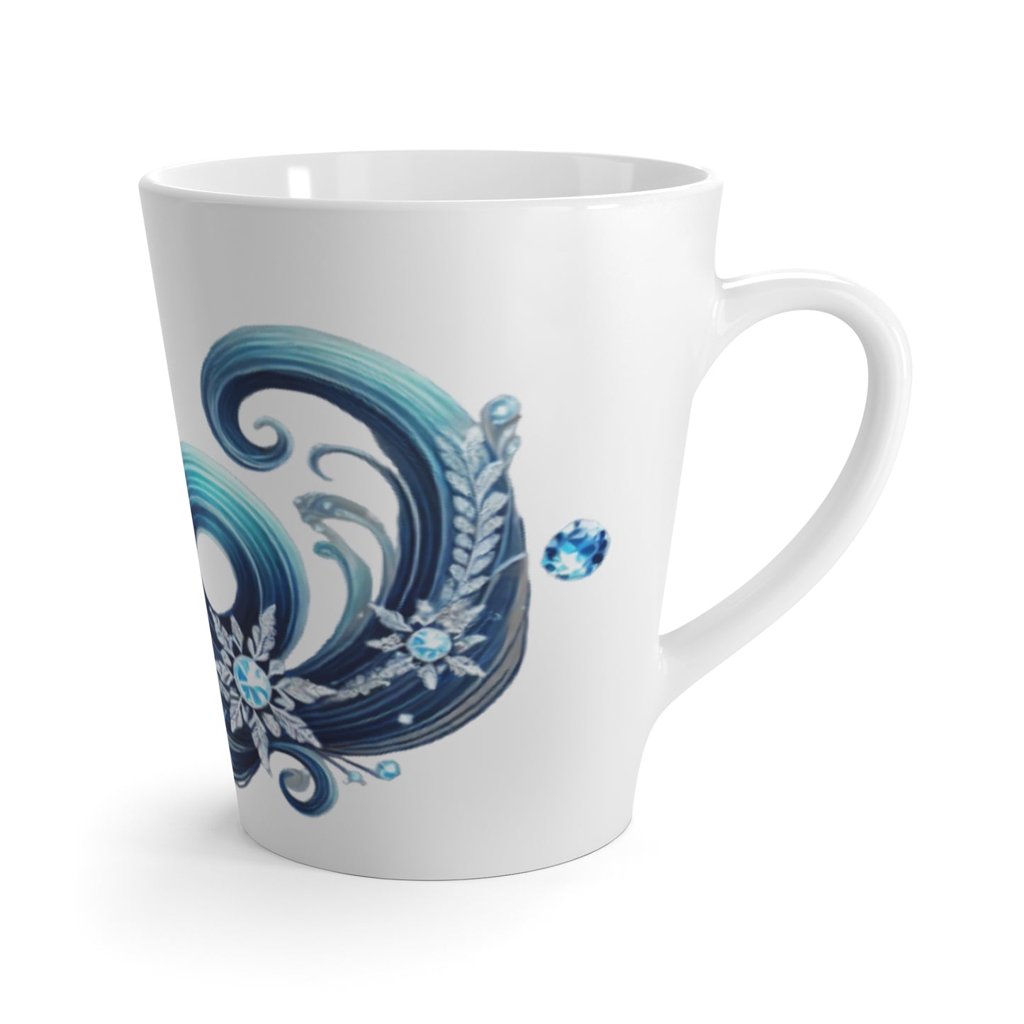 Crystal Wave Latte Mug – close-up of ocean wave design on white ceramic - right handle