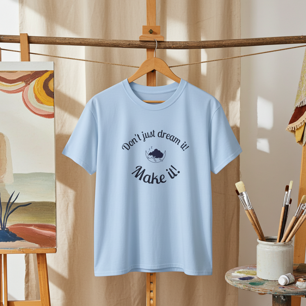 Light blue t-shirt with text on a hanger against a neutral background