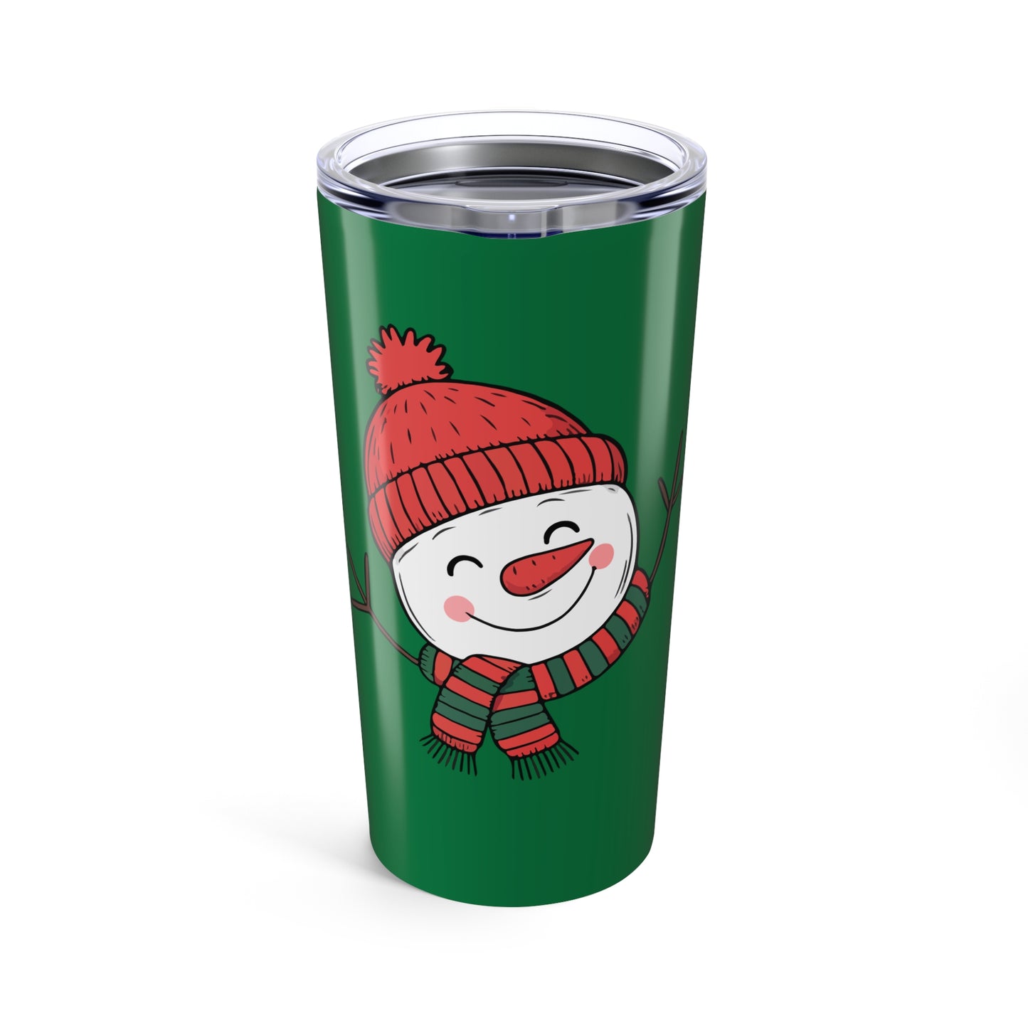 Green tumbler with a snowman design wearing a red hat and scarf on a white background