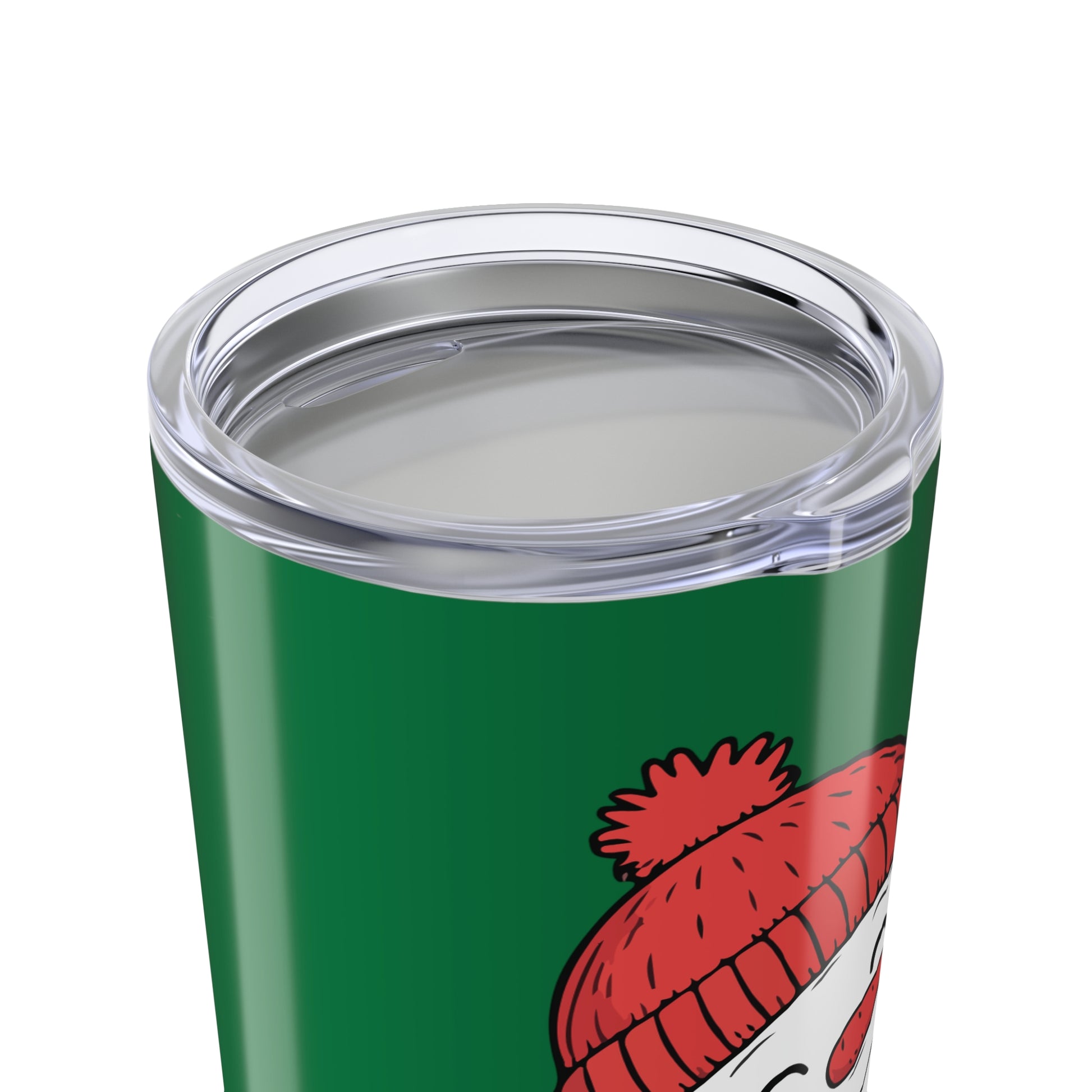 Green tumbler with a red hat design on a white background