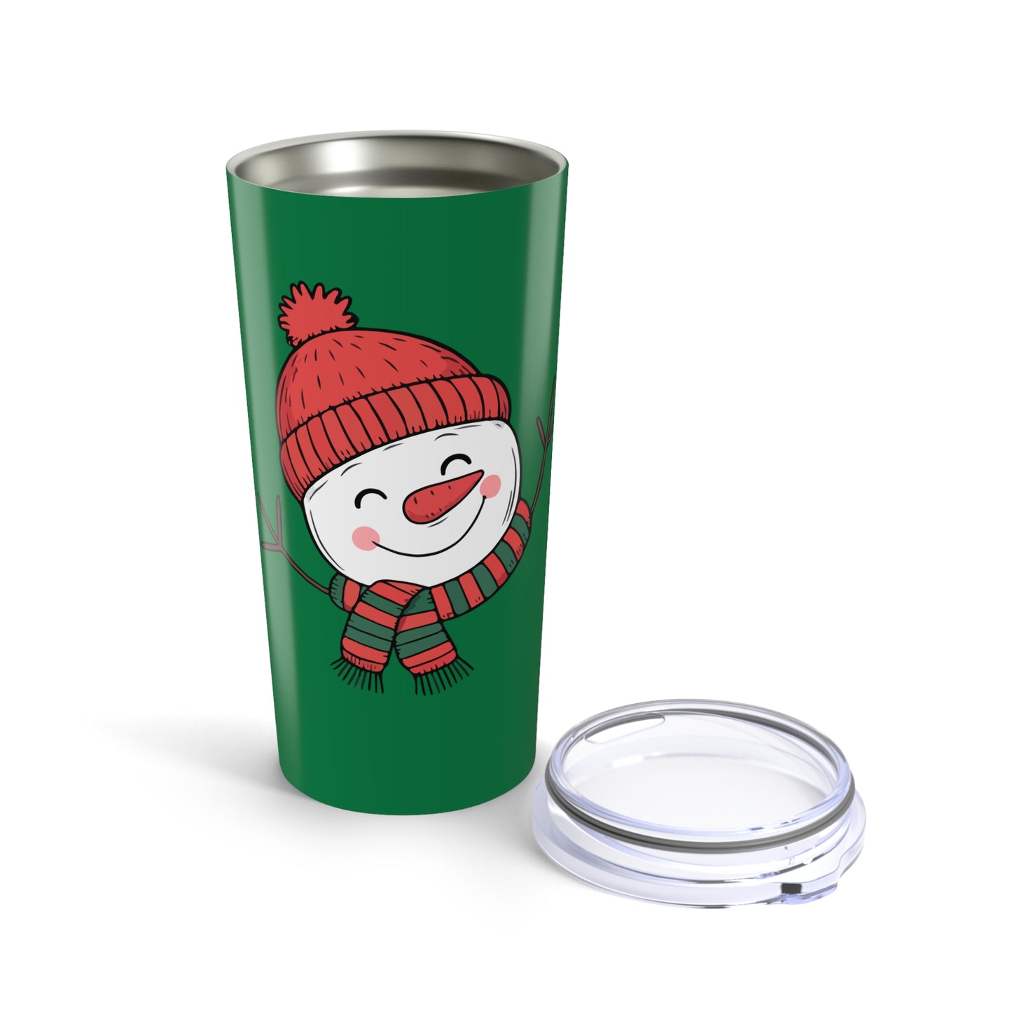 Green tumbler with a snowman design on a white background