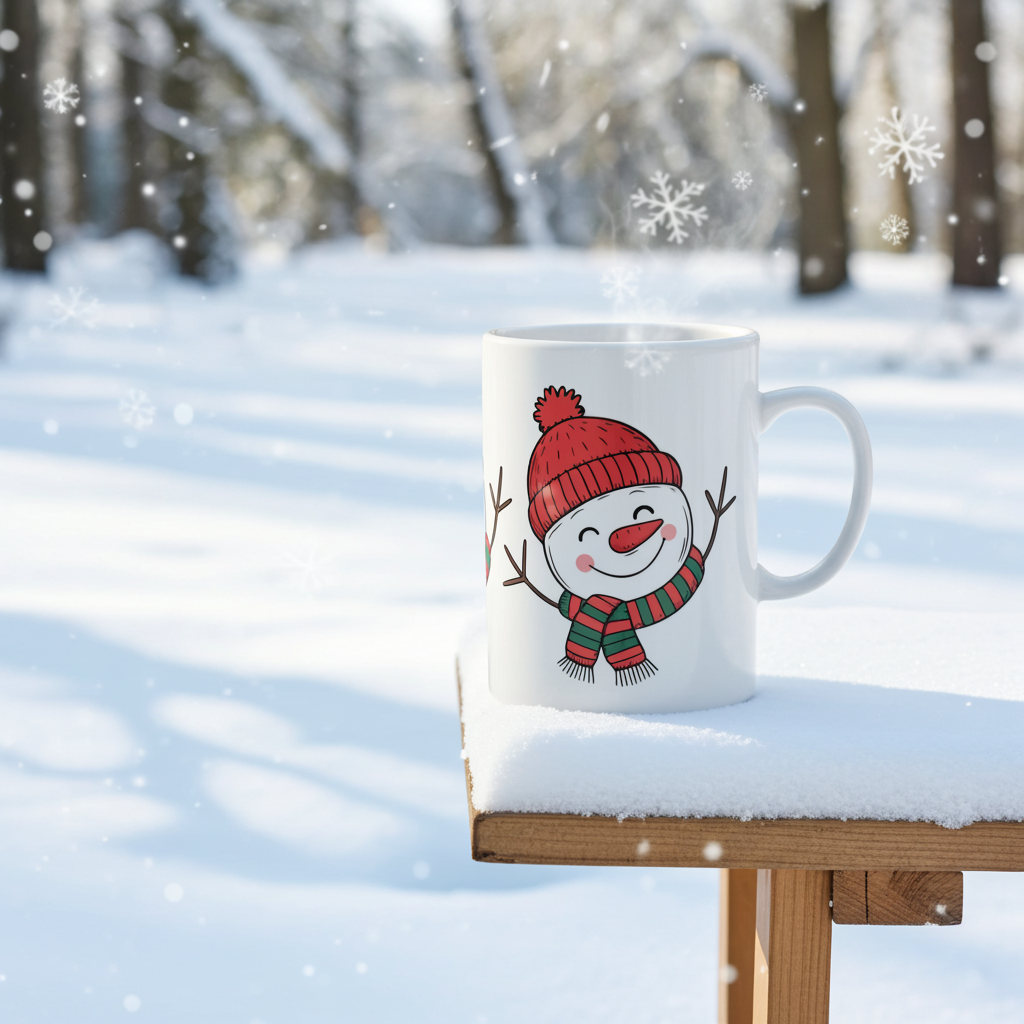 White mug with a snowman design in a snowy landscape