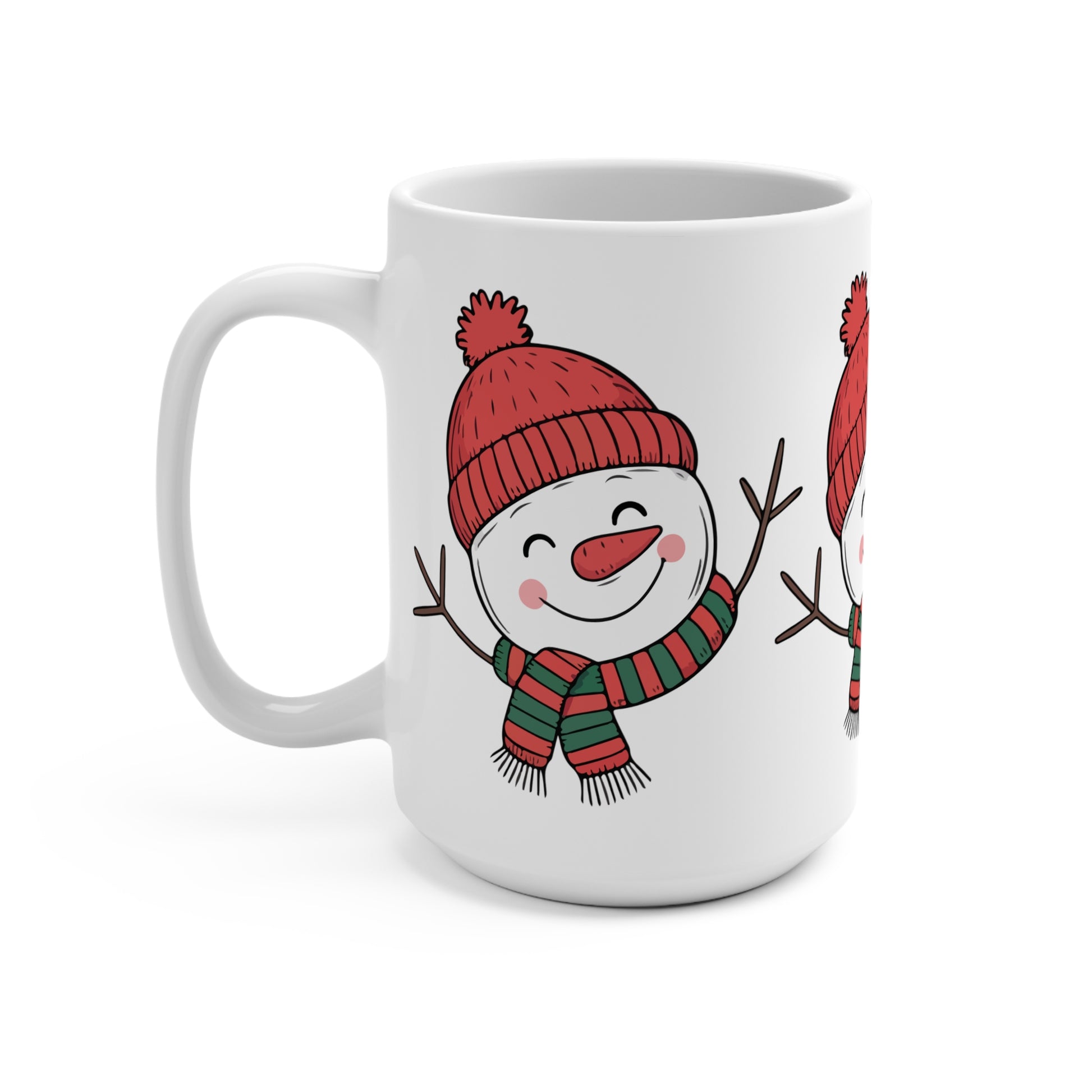 White mug with a snowman design wearing a red hat and striped scarf on a white background