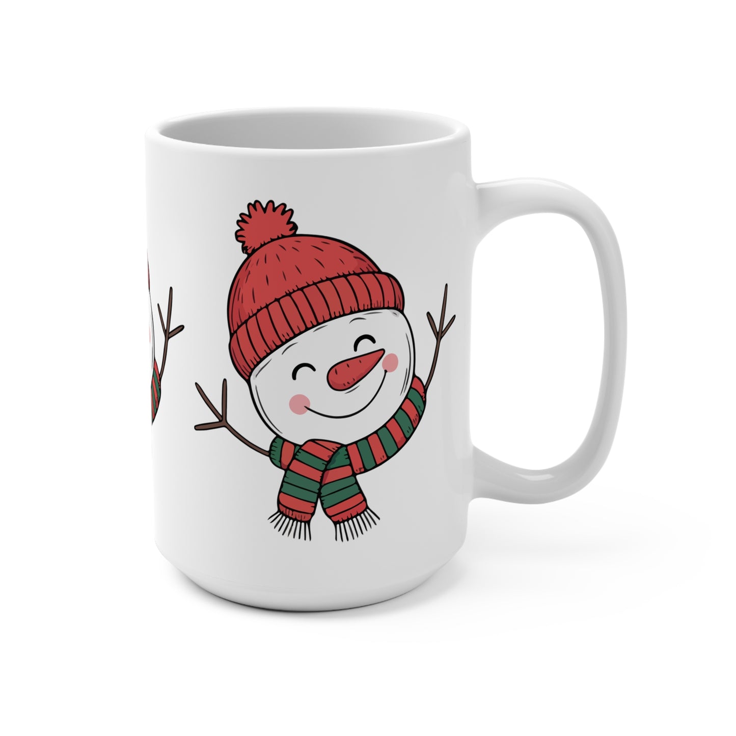 White mug with a snowman design wearing a red hat and striped scarf on a white background