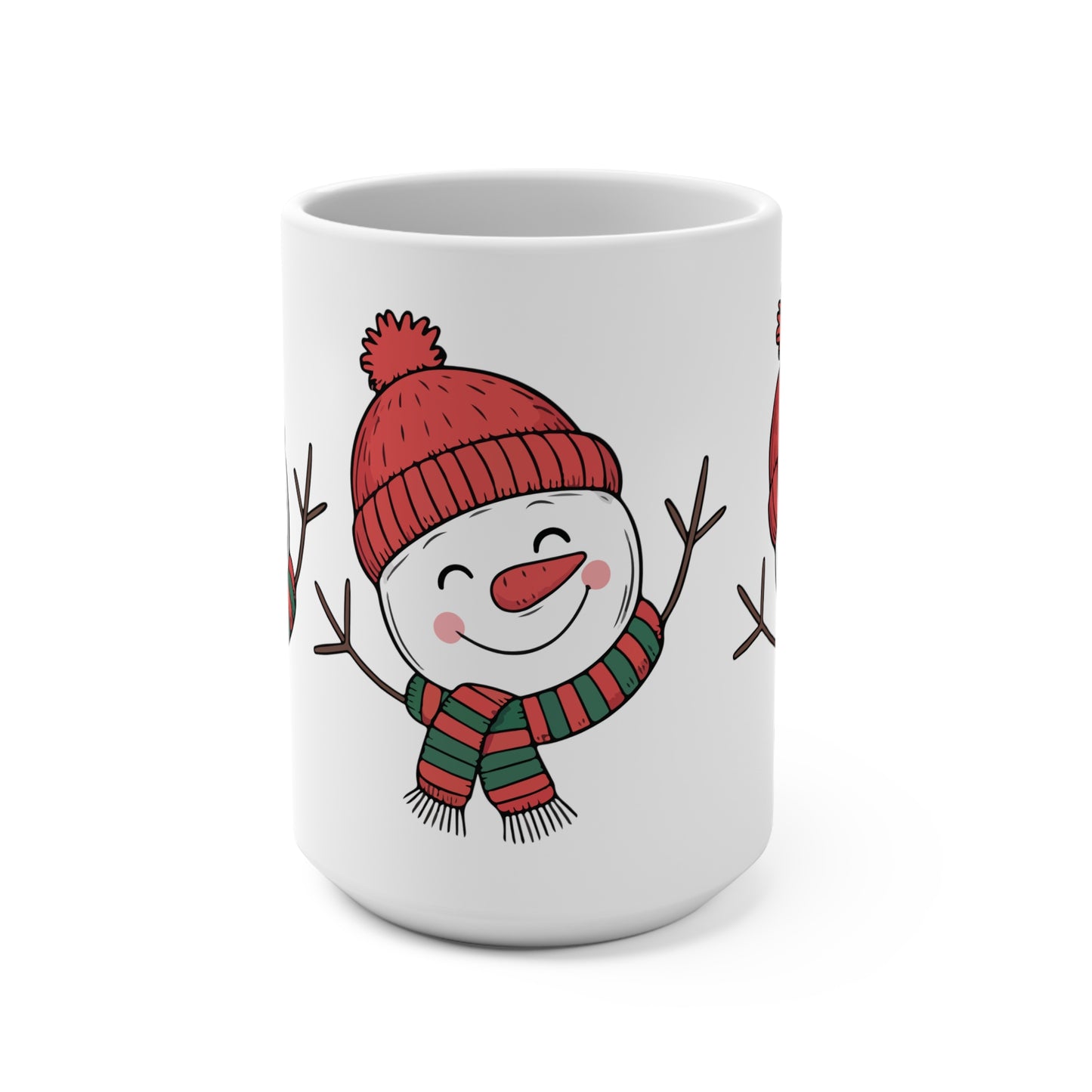 White mug with a snowman design wearing a red hat and striped scarf on a white background