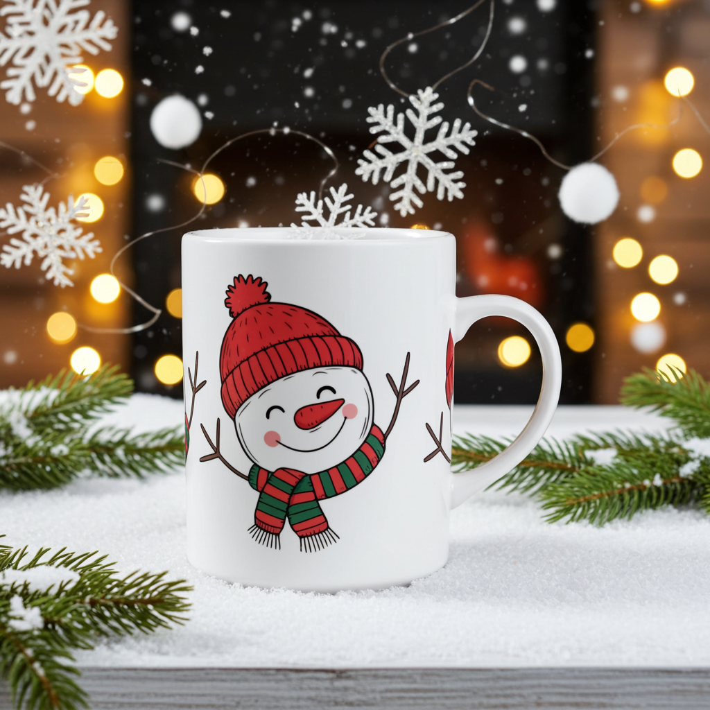 White mug with a snowman design in a festive setting with lights and snowflakes.