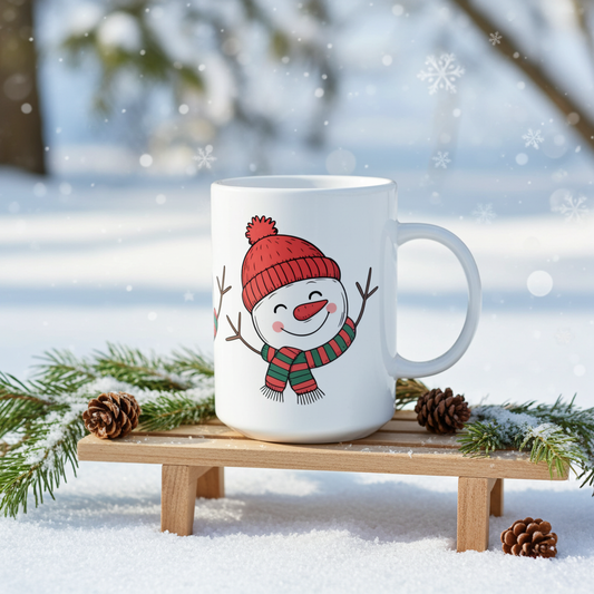 White mug with a snowman design wearing a red hat and green scarf, placed on a wooden stand with a snowy background.