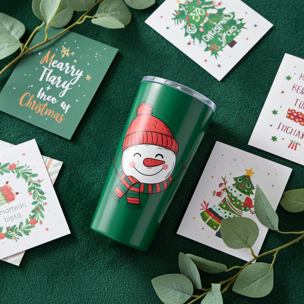 Green tumbler with a snowman design on a green surface with Christmas cards and decorations.