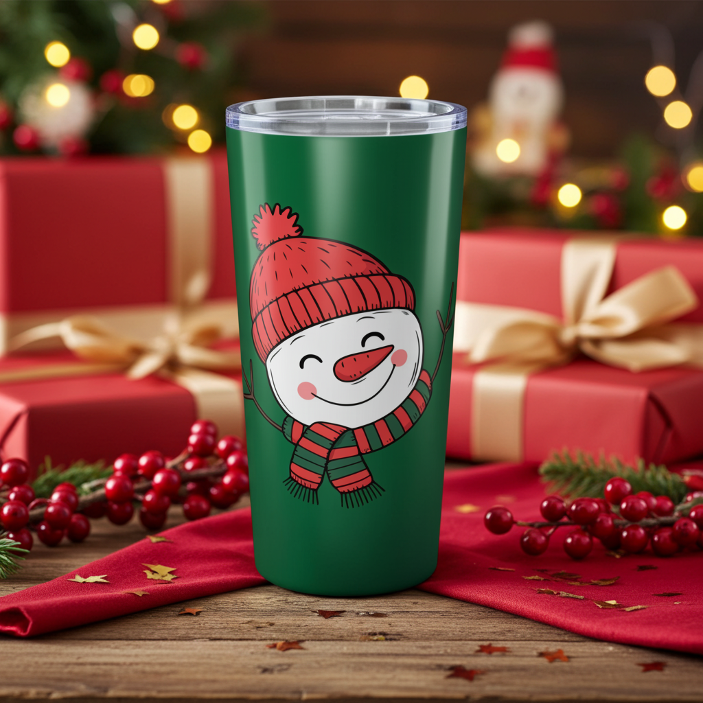 Green tumbler with a snowman design in a festive setting with Christmas presents and decorations.