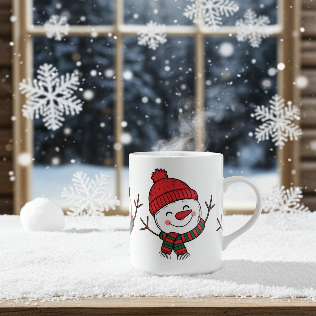 White mug with a snowman design on a snowy surface with a window in the background