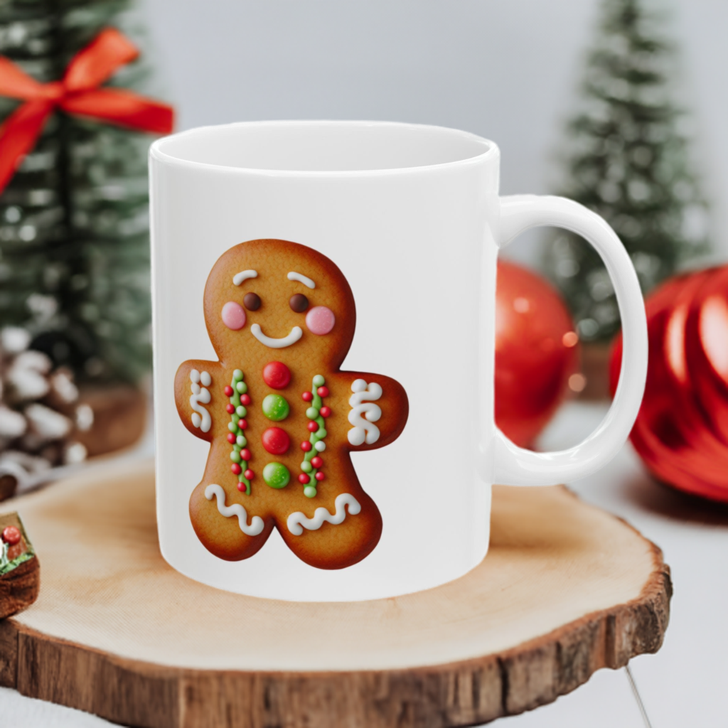 Gingy Cookie Ceramic Mug – holiday gingerbread mug with festive decor on a wooden plate