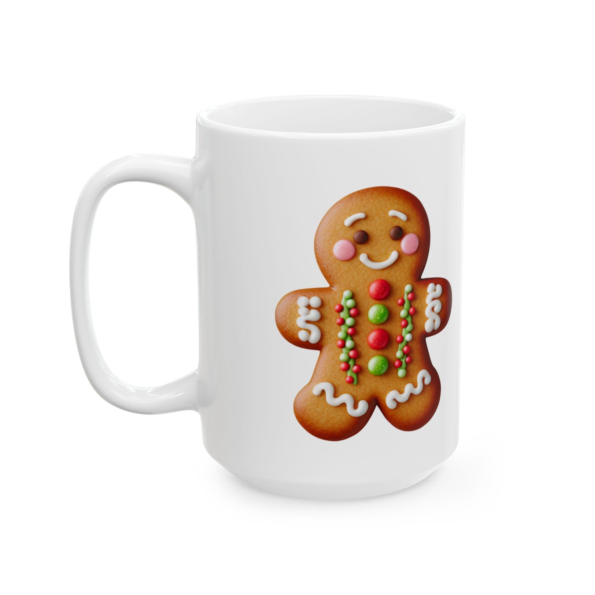 Gingy Cookie Ceramic Mug – holiday gingerbread mug with festive decor left handle